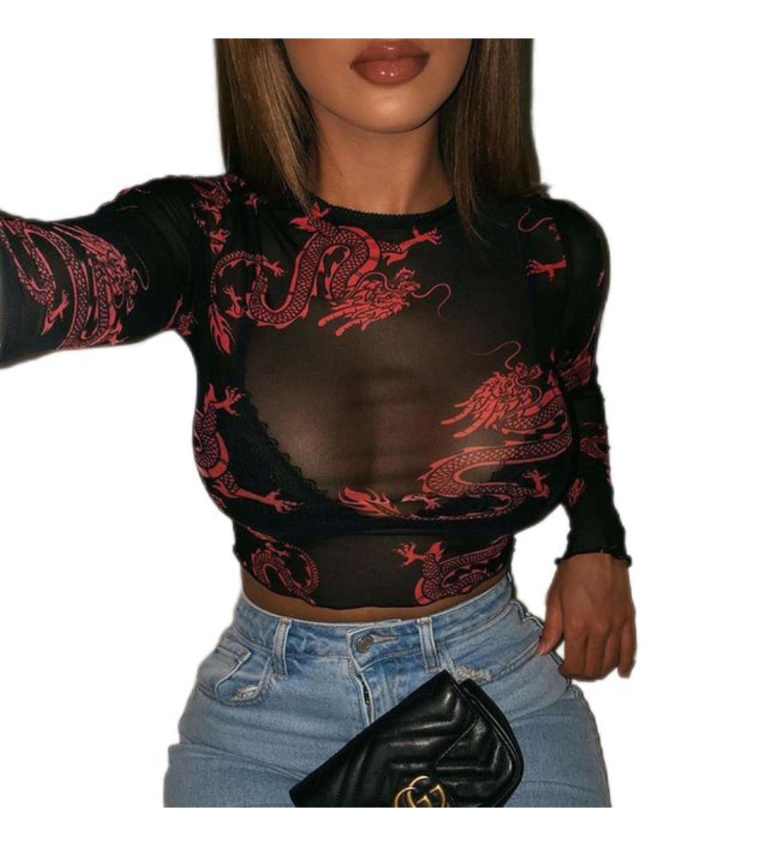 Women's Fashion T-Shirt - Sexy Mesh See-Through Long Sleeve Top with Dragon Print | Autumn Style Pullover | International Shipping Available - Buy Online on GoSupps.com