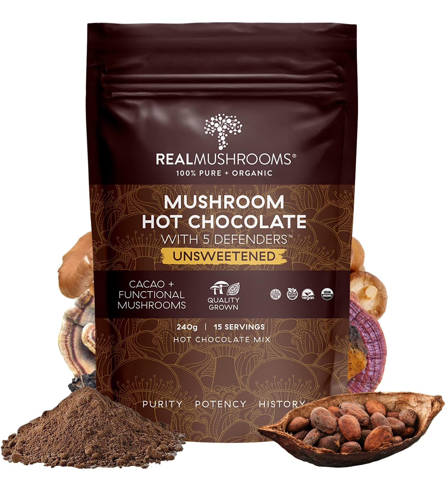 Organic 5 Defenders Mushroom Hot Chocolate Mix - Unsweetened, Gluten-Free, Vegan - 15 Servings - Buy Online on GoSupps.com