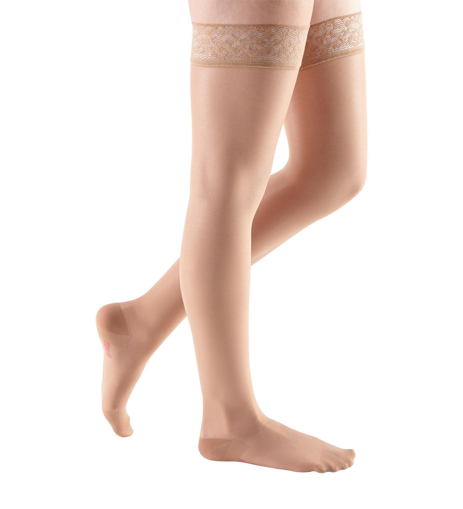 Mediven Sheer & Soft Women's Thigh High Compression Stockings - 20-30 mmHg Closed Toe Leg Support with Lace Top Band - Sheer Hosiery in Toffee - Buy Online on GoSupps.com