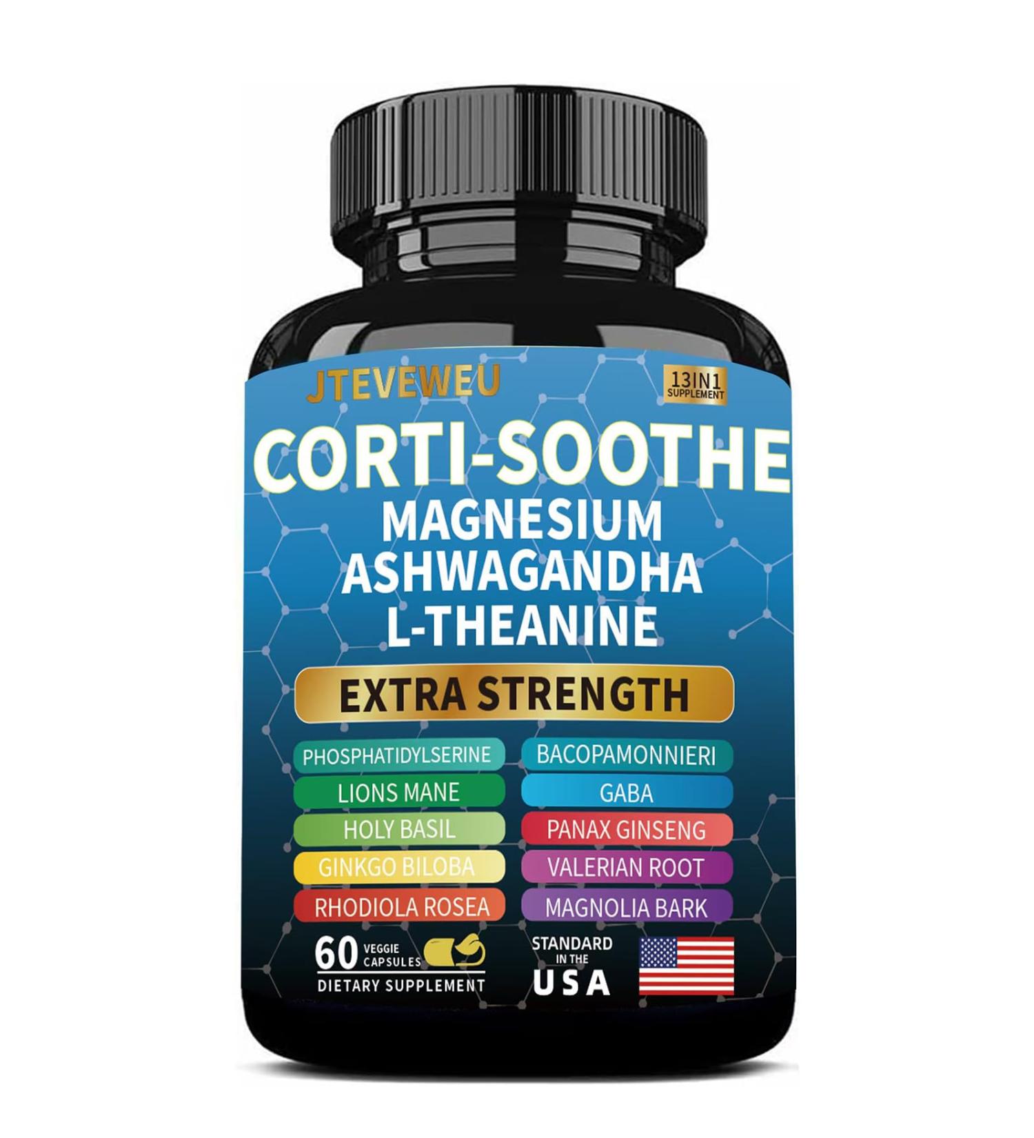 JTEVEweu Corti-Soothe Cortisol Supplement,Magnesium Glycinate 200mg, L-Theanine 150mg, Phosphatidylserine 50mg & Manager Lions Mane Holy Basil Ginkgo Biloba Bacopa Monnieri Valerian (60 Capsules) B - Buy Online on GoSupps.com
