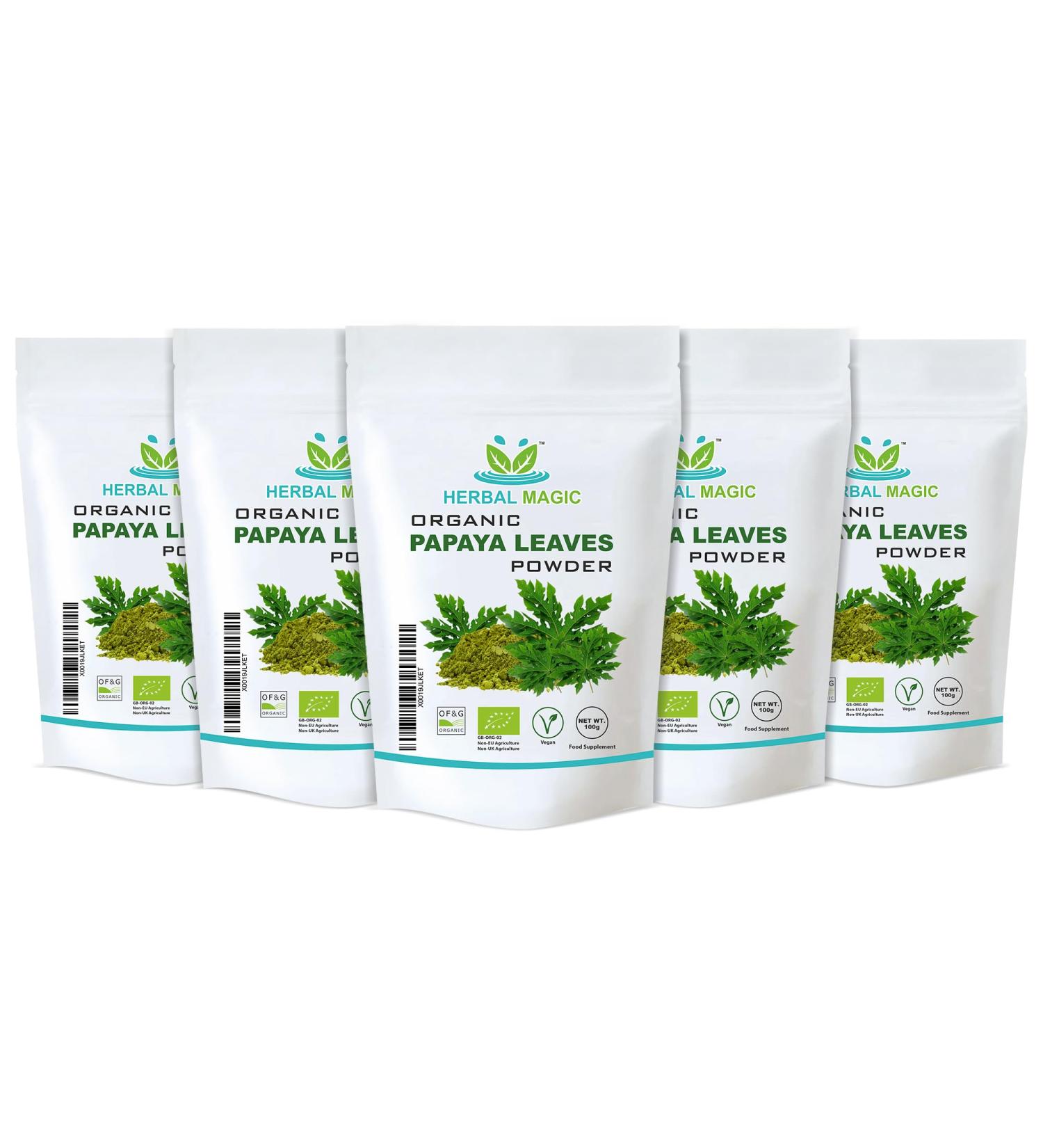 Herbal Magic's Organic Papaya Leaf Powder (Carica Papaya)-Green & Whole Leaves - Most Prized Herb in Ayurveda - Ideal for Smoothies Baking soups - Free from Fillers & Preservatives-500gms 100.00 g (Pack of 5) - Buy Online on GoSupps.com