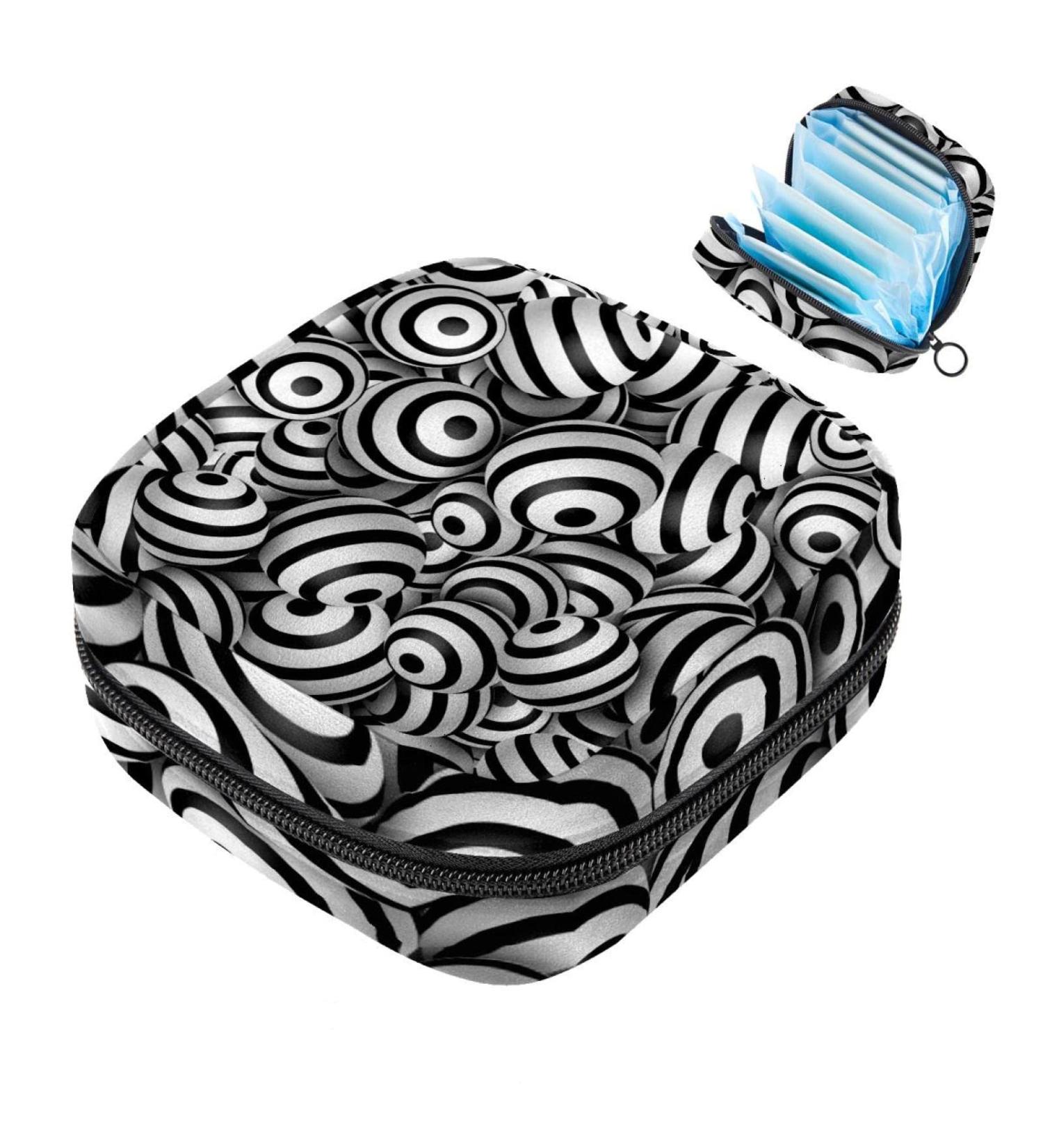 Stylish Menstruation Pad Bag with Zipper - Women's Napkin & Tampon Organizer (3D Balls & Black Lines) - Buy Online on GoSupps.com