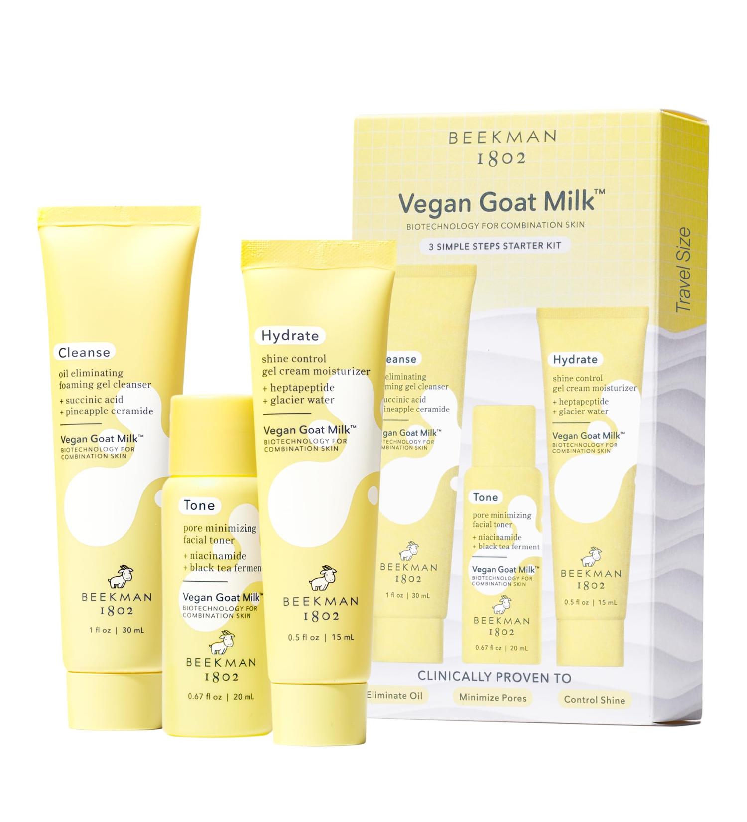 Beekman 1802 Oily + Combination Skin 3-Step Kit - Travel Size Non-Comedogenic Skincare with BioMilk 1% Heptapeptide & 2% Niacinamide - Gentle for Sensitive Skin - Shop Internationally - Buy Online on GoSupps.com