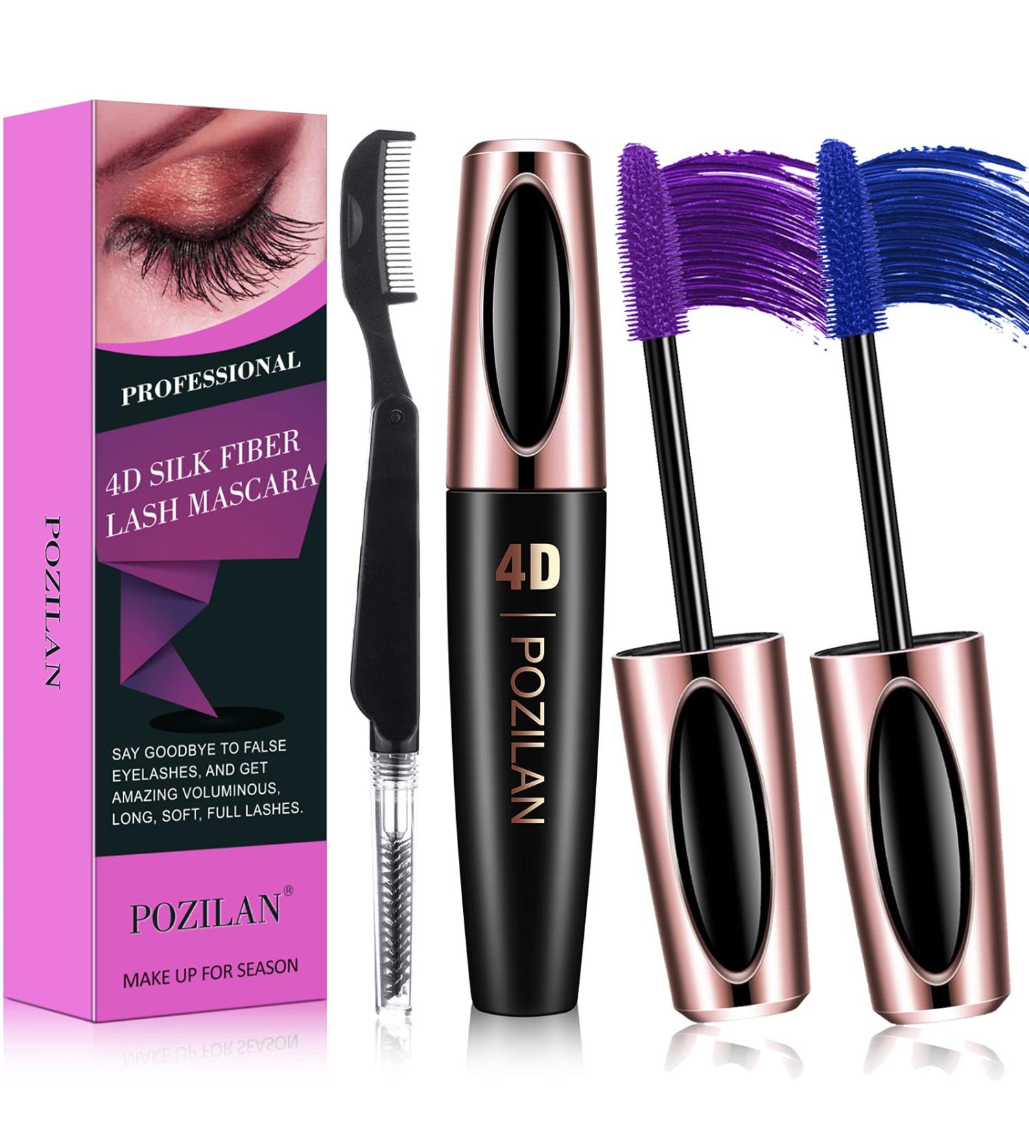 2 Pack 4D Silk Fiber Lash Mascara in Purple & Blue - Waterproof, Lengthening, Volumizing, Long-Lasting with Folding Eyelash Comb Brush for Natural Eye Makeup - Buy Online on GoSupps.com