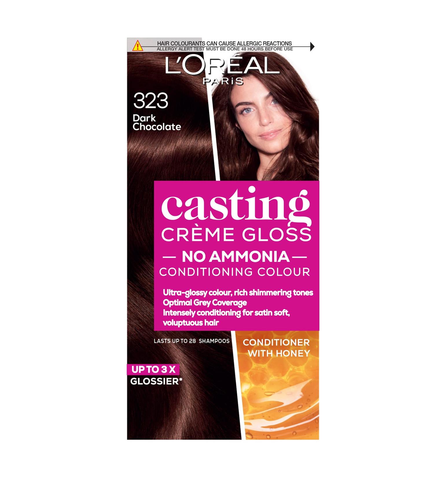 L'Oreal Paris Ammonia-Free Semi-Permanent Hair Dye - Dark Chocolate Brown Glossy Colour | Natural Finish, Up to 28 Shampoos | Casting Cr me Gloss 323 - 1 Application - Buy Online on GoSupps.com