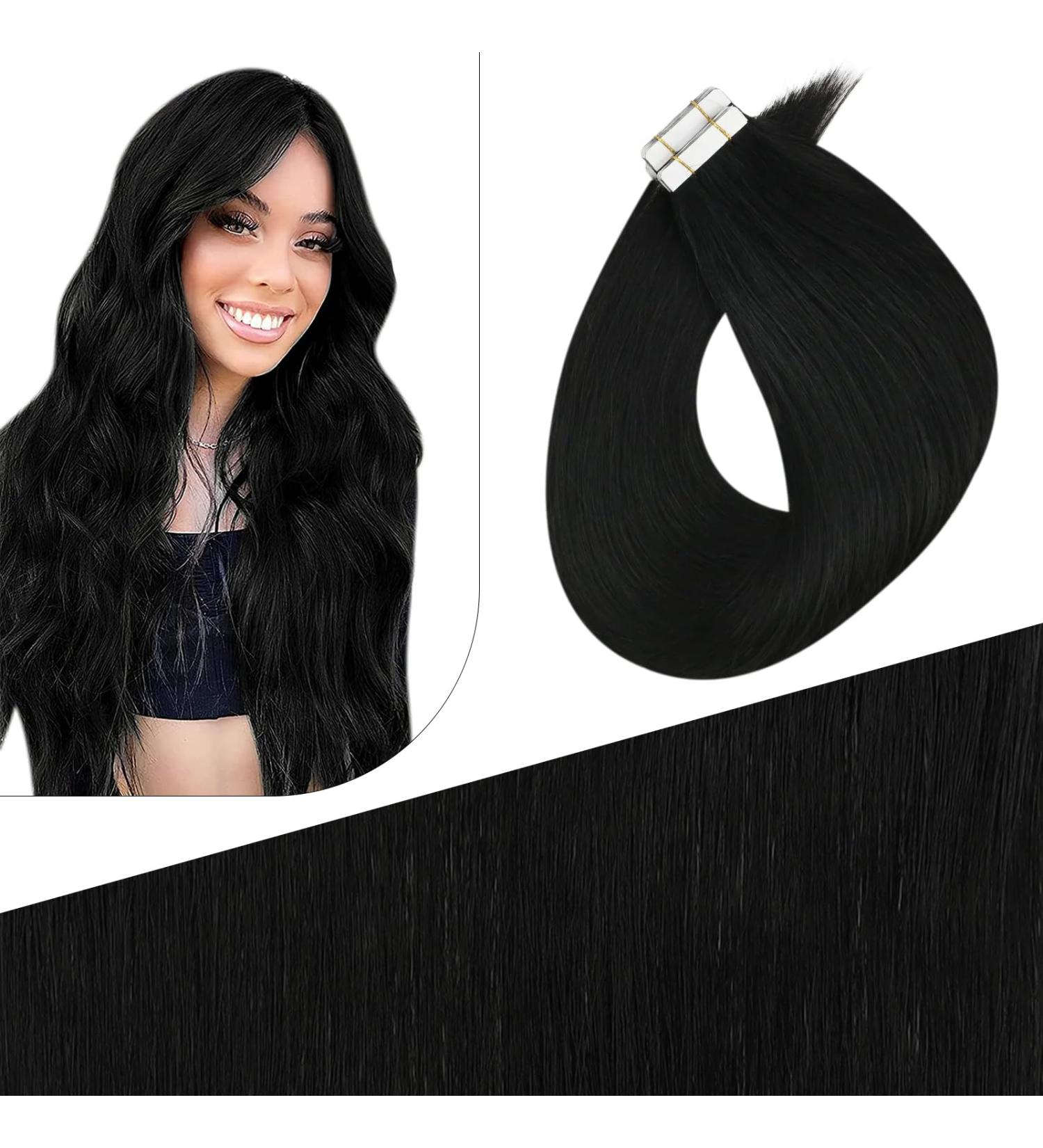 FSHINE Tape Extensions - Black Remy Tape-In Hair Extensions 35cm 20g Real Virgin Hair 10 Pieces #1B - Buy Online on GoSupps.com