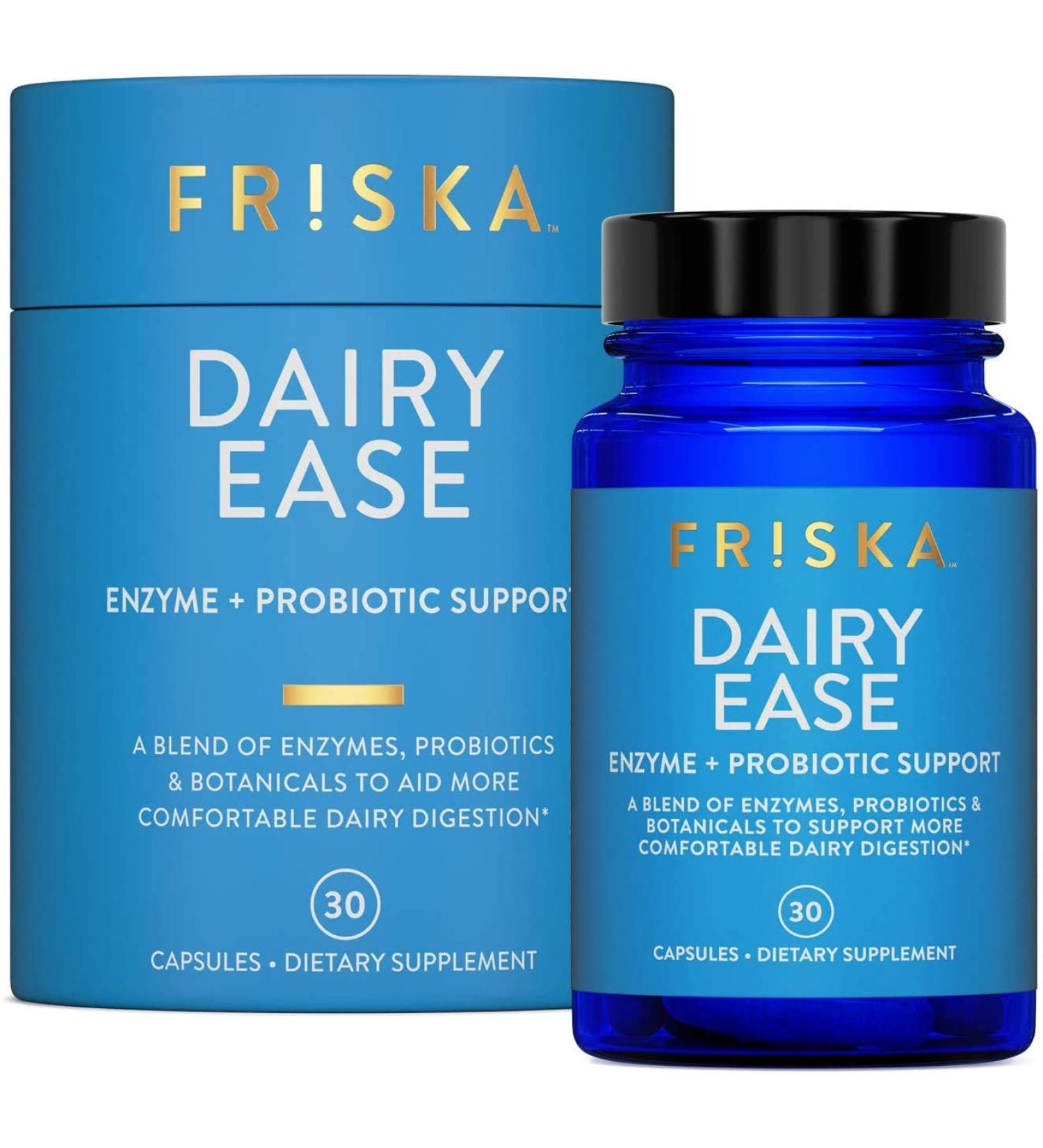 FRISKA Dairy Ease Supplement | Digestive Enzymes & Probiotics | Lactose Intolerance Relief | 30 Capsules - Buy Online on GoSupps.com