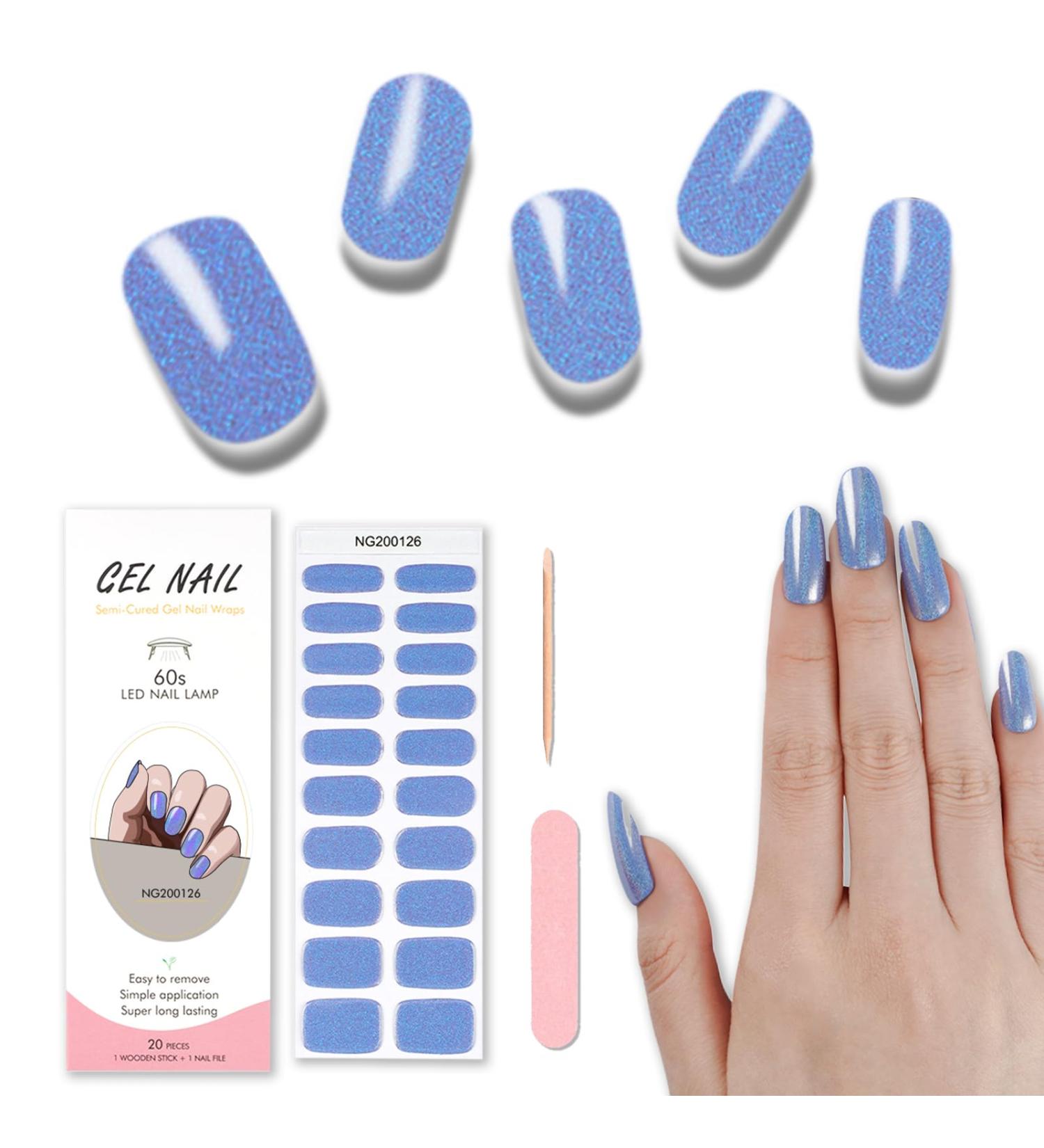 Semi Cured Gel Nail Strips - 20 Pcs Salon Quality Nail Polish Wraps in Blue Glitter - Long Lasting & Easy to Apply/Remove with Nail File & Cuticle Stick - Buy Online on GoSupps.com