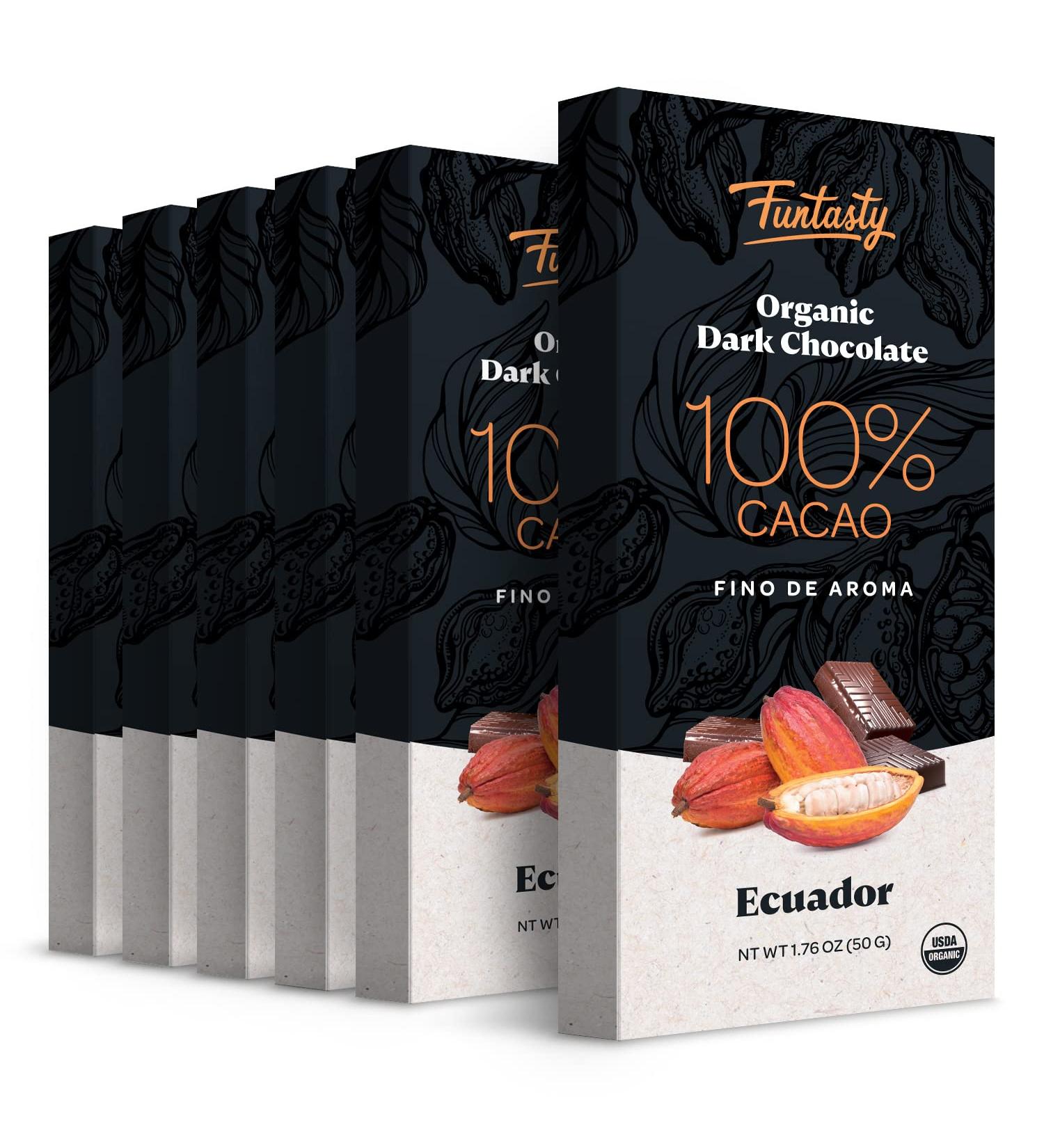 Funtasty 100% Cacao Dark Chocolate Bar - Organic, Vegan, Gluten-Free - 1.76oz (Pack of 6) - Buy Online on GoSupps.com
