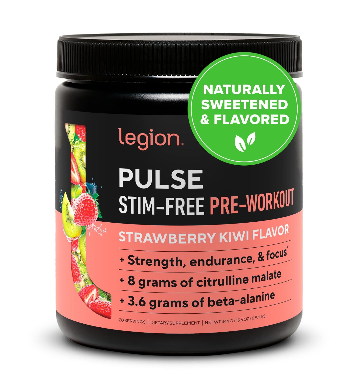 LEGION Pulse Pre Workout Supplement - All Natural Nitric Oxide Preworkout Drink Creatine Free Naturally Sweetened Beta Alanine Citrulline Alpha GPC - Caffeine Free Strawberry Kiwi Pre Workout Powder - Buy Online on GoSupps.com