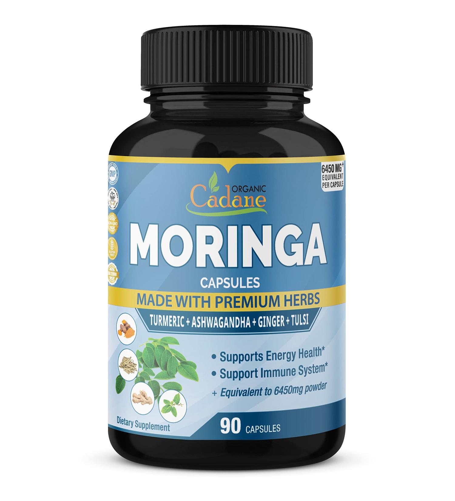Organic Moringa Extract Capsules 6450mg with Ashwagandha, Tulsi, Ginger, Turmeric | Energy Booster & Immune Support | 90 Capsules - Buy Online on GoSupps.com