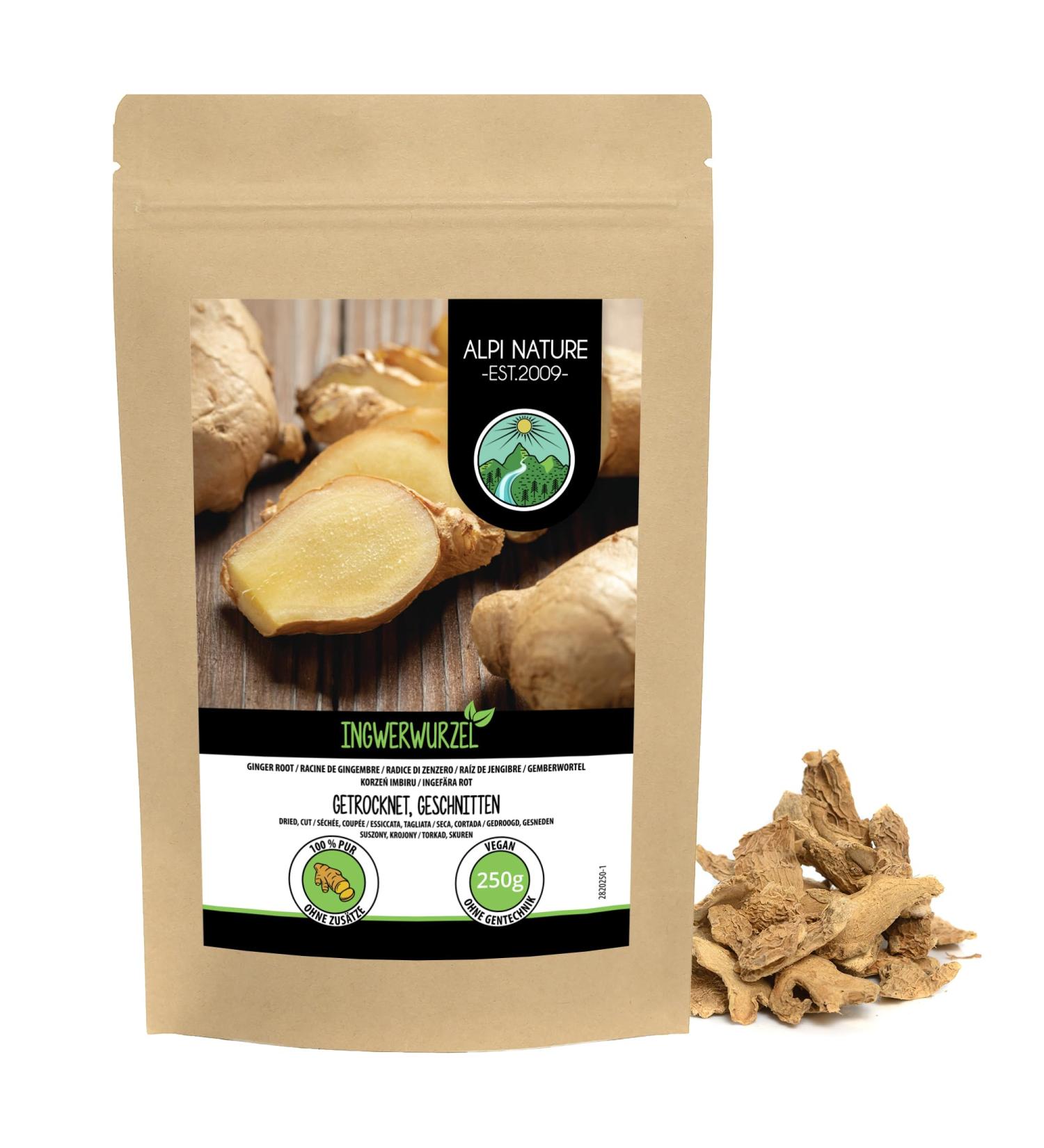 Sliced Ginger Root 250g - 100% Natural and Additive-Free Ginger Tea and Crushed Pieces - Buy Online on GoSupps.com