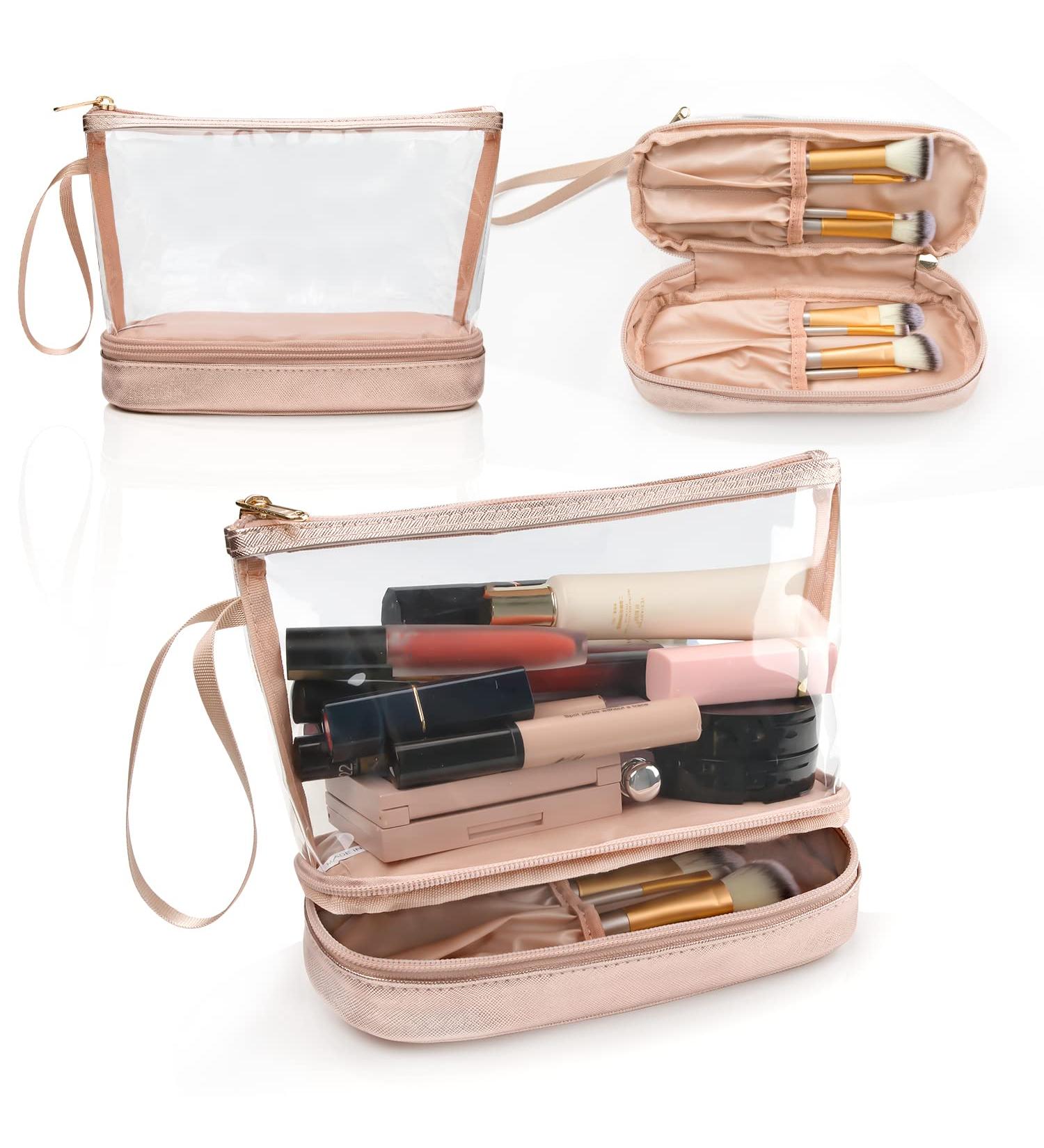 Rose Gold Clear Makeup Organizer Bag | Portable Travel Cosmetic Pouch for Women | Small Clear Makeup Bag for Purse and Pencils - Buy Online on GoSupps.com