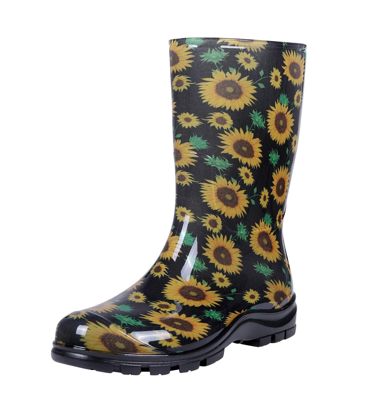Asgard Women's Mid Calf Rain Boots - Sunflowers Black | Waterproof Rubber Garden Shoes - Buy Online on GoSupps.com