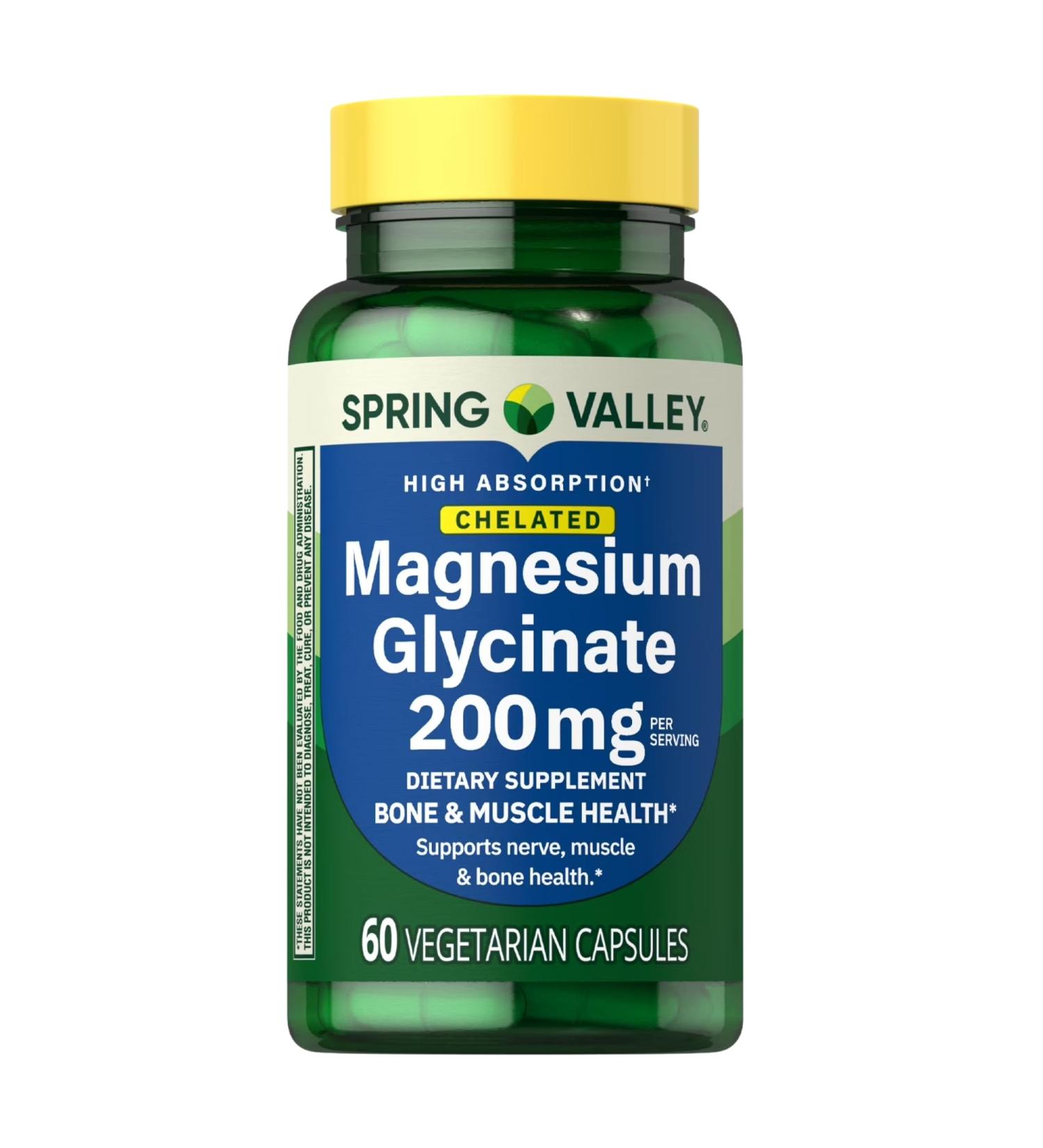 Spring Valley Magnesium Glycinate 200mg Magnesium Chelated High Absorption Supports Muscle Relaxation Nerve Function and Bone Health 60 Vegetarian Capsules Pack of 1 - Buy Online on GoSupps.com