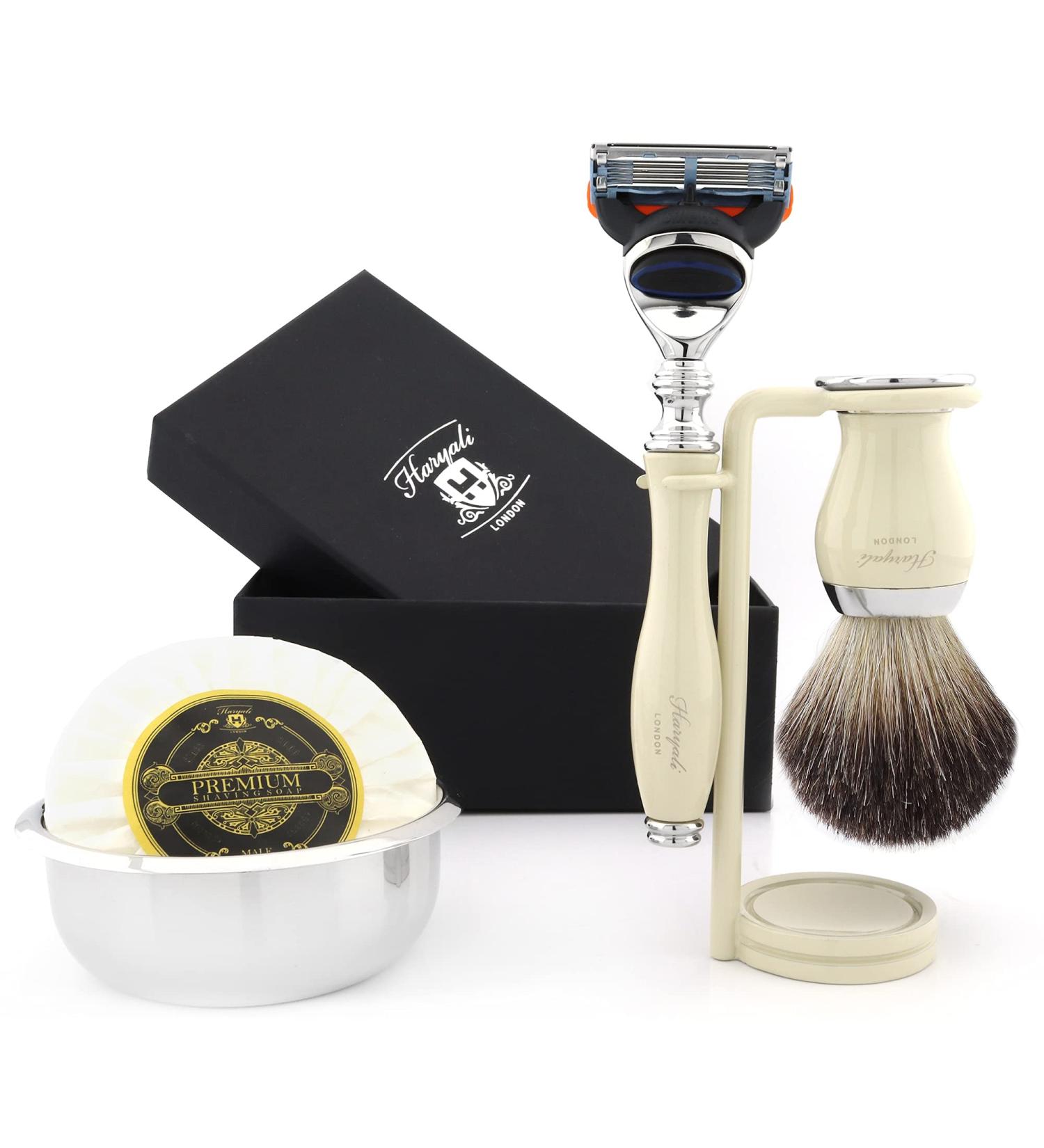 Haryali London 5-Part Men's Shaving Set - Includes Razor Blades Hair Brush Bowl Soap & Stand - Perfect Grooming Gift for Men - Buy Online on GoSupps.com