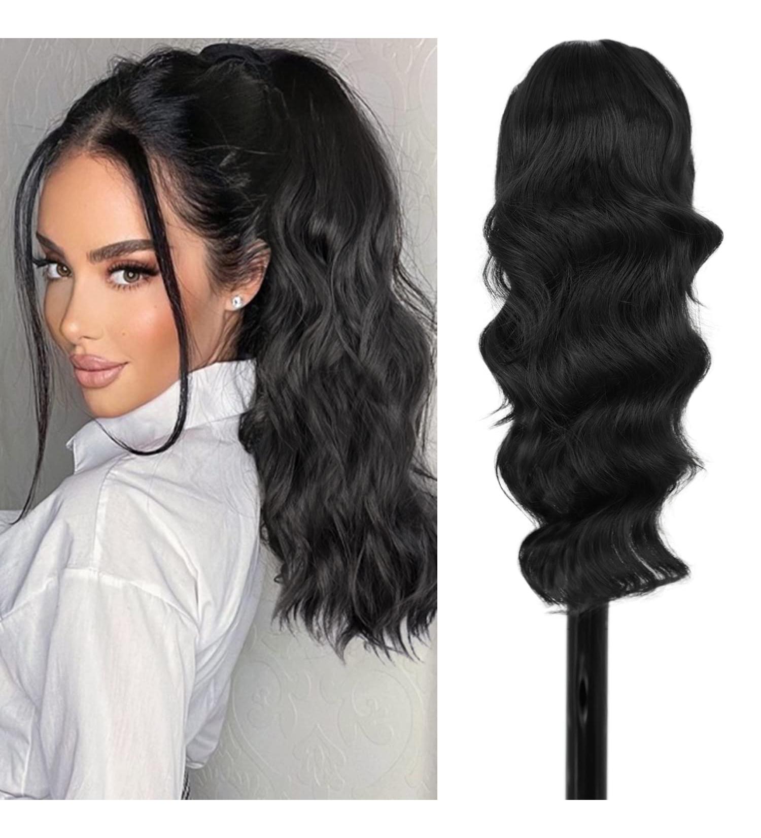 Ponytail Extensions Black Clip-In | 40cm Synthetic Hair - Realistic Look - 1B# 082A-16 - Buy Online on GoSupps.com