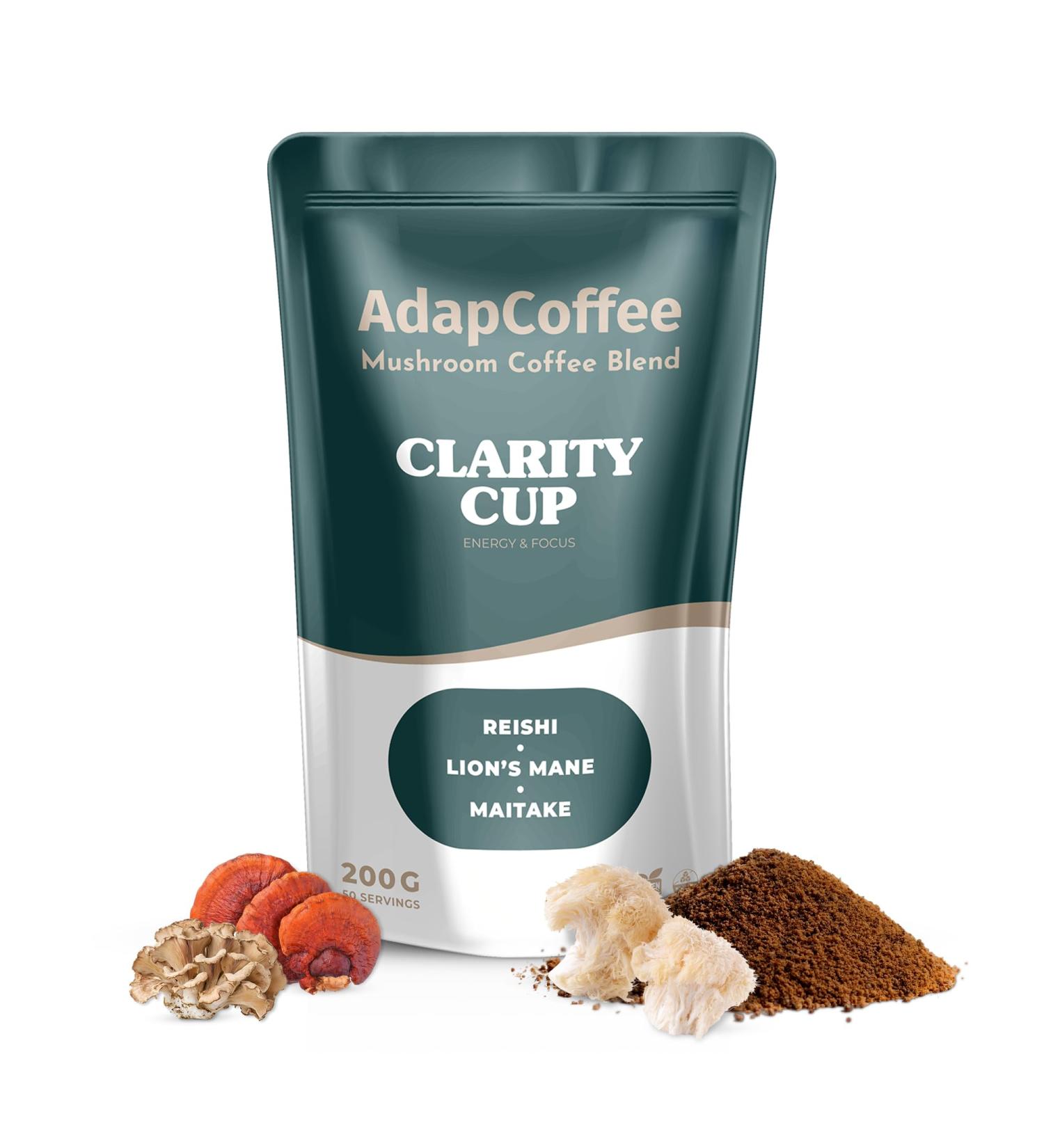 AdapCoffee Clarity Cup Instant Coffee with Adaptogenic Mushrooms Lions Mane Reishi Maitake Focus and Vitality Rich Taste of Raw Cacao 200 g 50 Cups - Buy Online on GoSupps.com