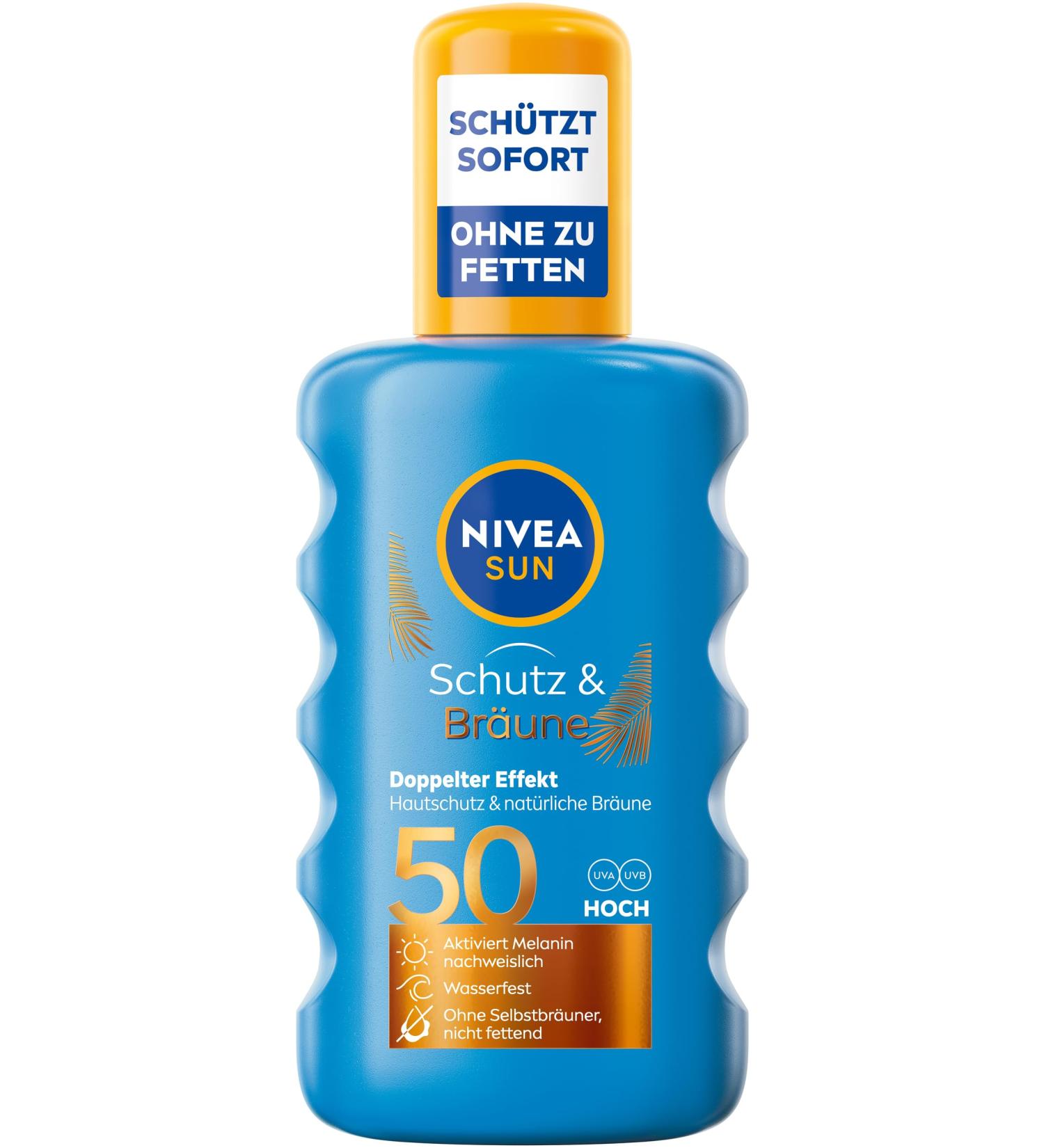 Beiersdorf NIVEA SUN Protective & Tanning Sunscreen Spray SPF 50 - Waterproof sunscreen with pro-melanin extract for an even tan - Immediate sun protection against UVA/UVB rays (200 ml)