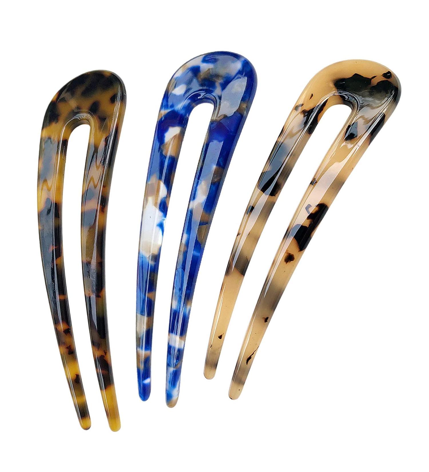 3 Packs Vintage French Style Tortoise U-Shaped Hairpins - Cellulose Acetate Hair Pins for Women and Girls Hairstyles (Tortoiseshell White, Tortoiseshell, Dark Blue) - Buy Online on GoSupps.com