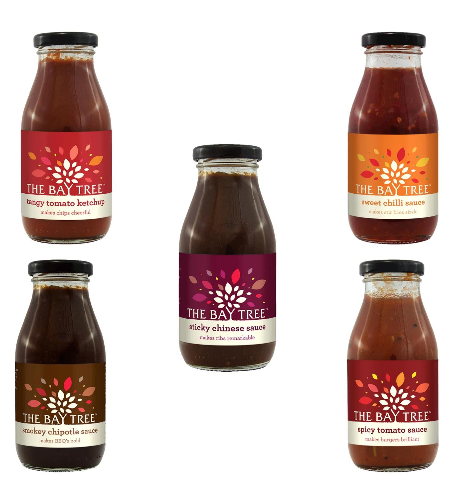 The Bay Tree Sauce Pick N Mix - Choose From 5 Flavours | Sweet Chilli Tangy-Tomato Ketchup Spicy-Tomato Sticky Chinese Smokey Chipotle - Pack of 5 - Buy Online on GoSupps.com