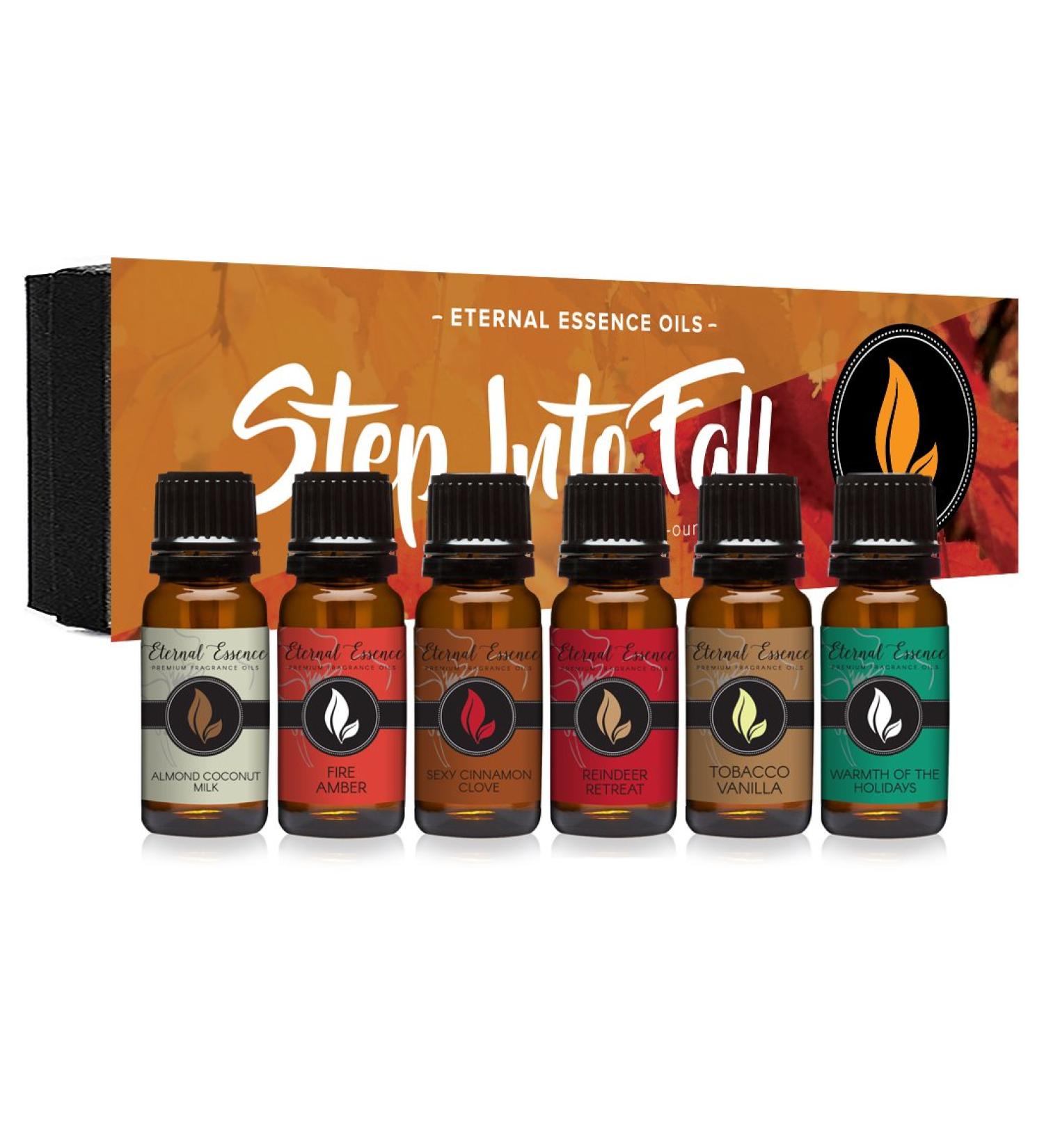 Step Into Fall Gift Set of 6 Premium Fragrance Oils - Almond Coconut Milk, Fire Amber, Sexy Cinnamon Clove, Reindeer Retreat, Warmth of The Holidays, Tobacco Vanilla - Eternal Essence Oils
