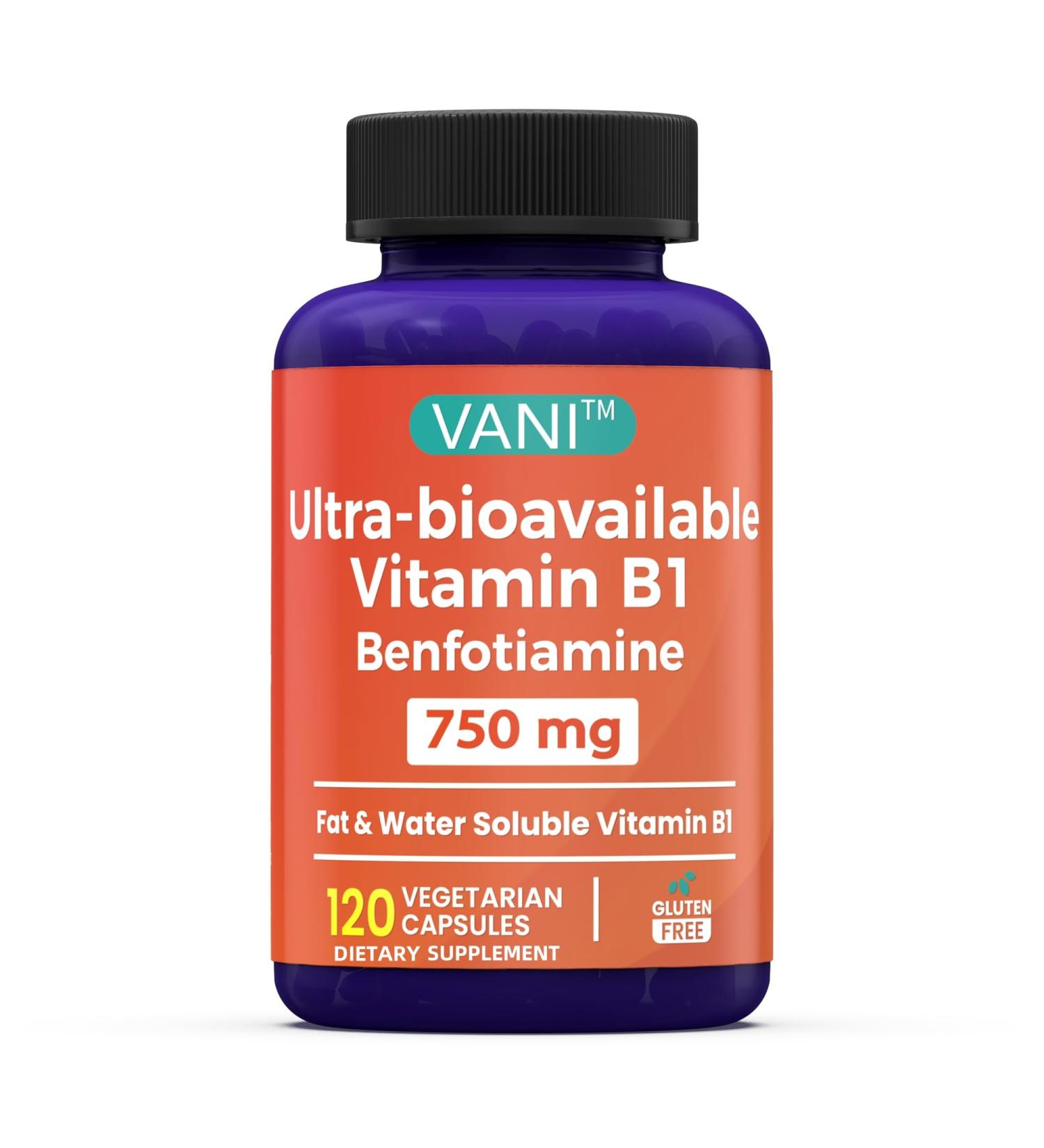 VANI Vitamin B1 with 750mg Benfotiamine, 2 in 1 Enhanced Formula -Fat & Water Soluble Thiamine B1 Supplement | 120 Capsules | Gluten Free - Buy Online on GoSupps.com