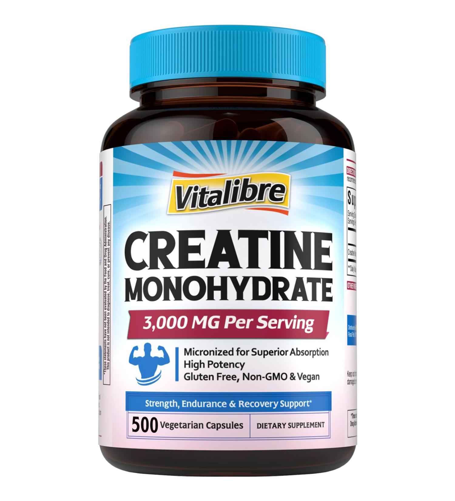 Vitalibre Creatine Monohydrate 3000 mg Micronized Increased Strength Enhanced Endurance Cellular Energy & Cognitive Function Support Non-GMO No Bloating High Absorption 500 Capsules - Buy Online on GoSupps.com