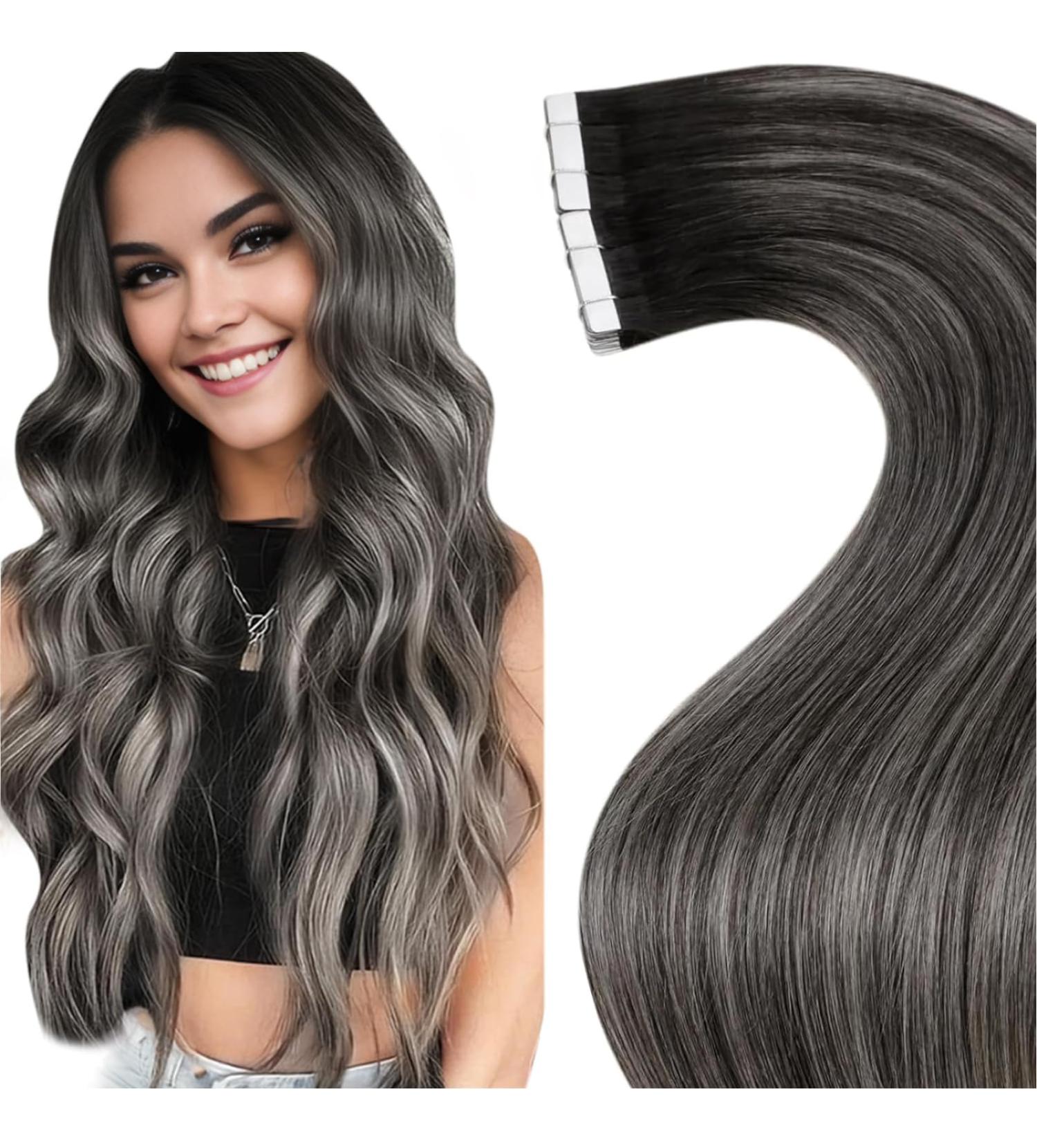 Laavoo 55cm Ombre Silver Tape Extensions - Real Hair Balayage #1B/S/1B - 20PCS 50g High-Quality Hair Extensions - Buy Online on GoSupps.com
