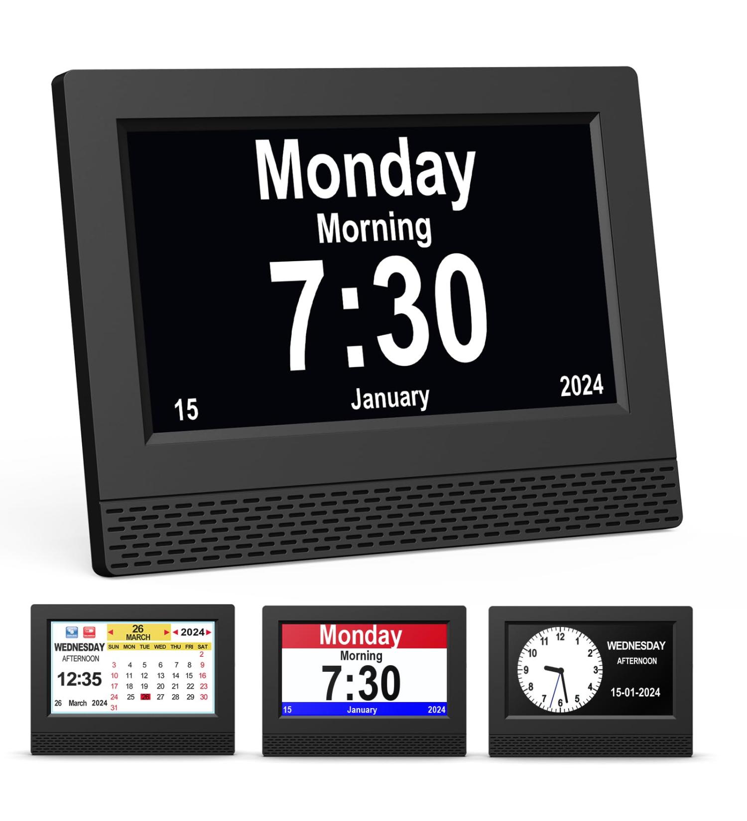 Senxingyan 7 HD Digital Calendar Alarm Clock - Dimmable Alarm for Seniors & Alzheimer Patients - Multiple Clock Modes in Black - Buy Online on GoSupps.com