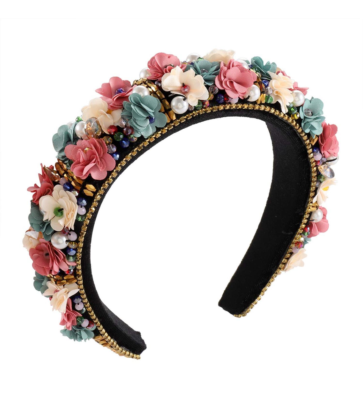 Baroque Crystal Rhinestone Flower Headband for Women - Pearl Beaded Velvet Hair Hoop for Wedding & Parties - Buy Online on GoSupps.com