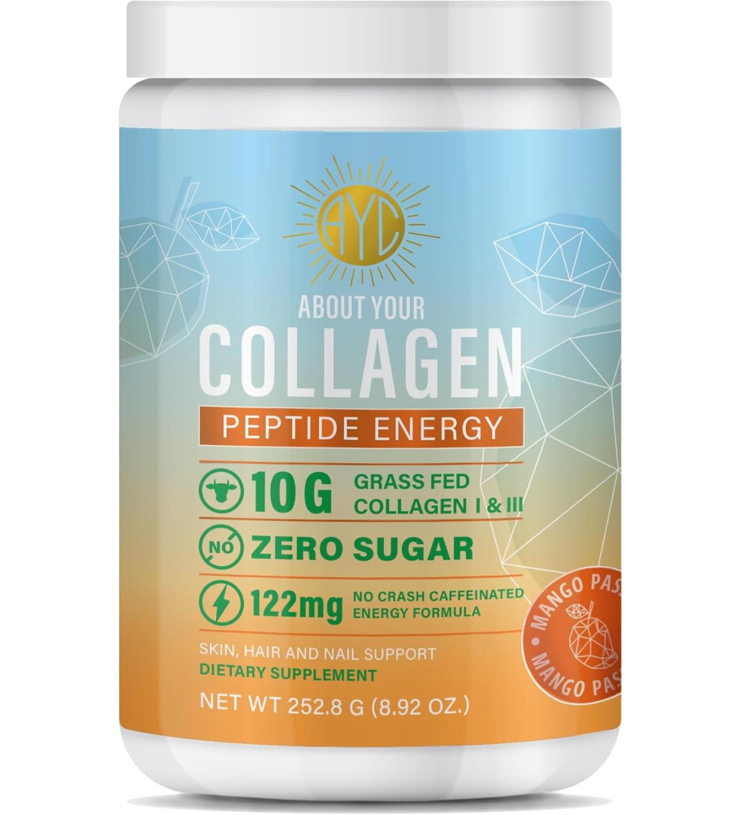 ABOUT YOUR COLLAGEN Peptide Energy Collagen Powder Type I & III Caffeine for Energy Vitamin C Biotin & Hyaluronic Acid - Mango Passion flavour - 8.92 oz - Buy Online on GoSupps.com
