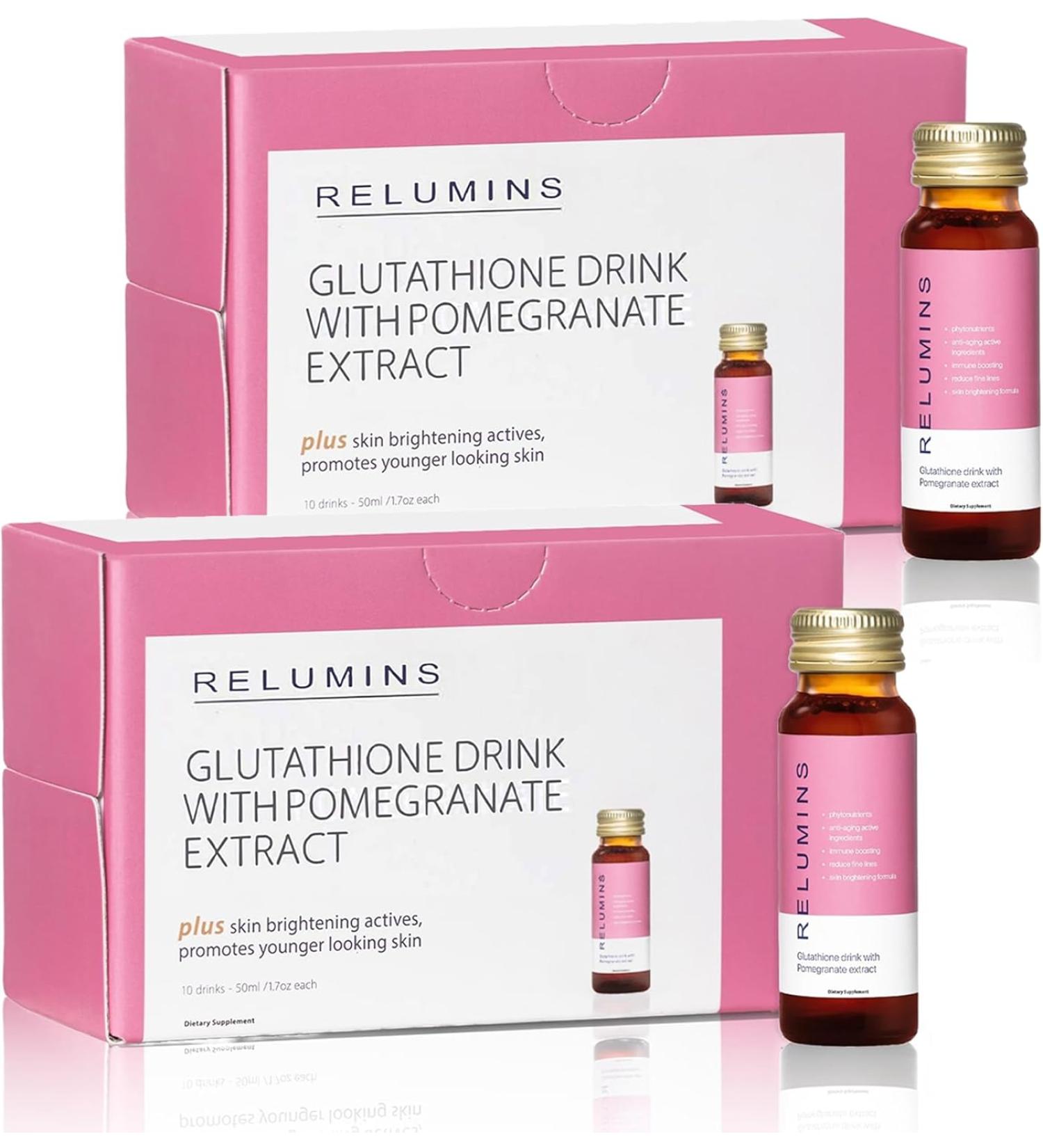 Relumins Glutathione Drink Helps Promote Brighter and Firm Skin Increases Skin Moisture for a Younger Looking Skin - pomegranate - Pack Of 2 - Buy Online on GoSupps.com