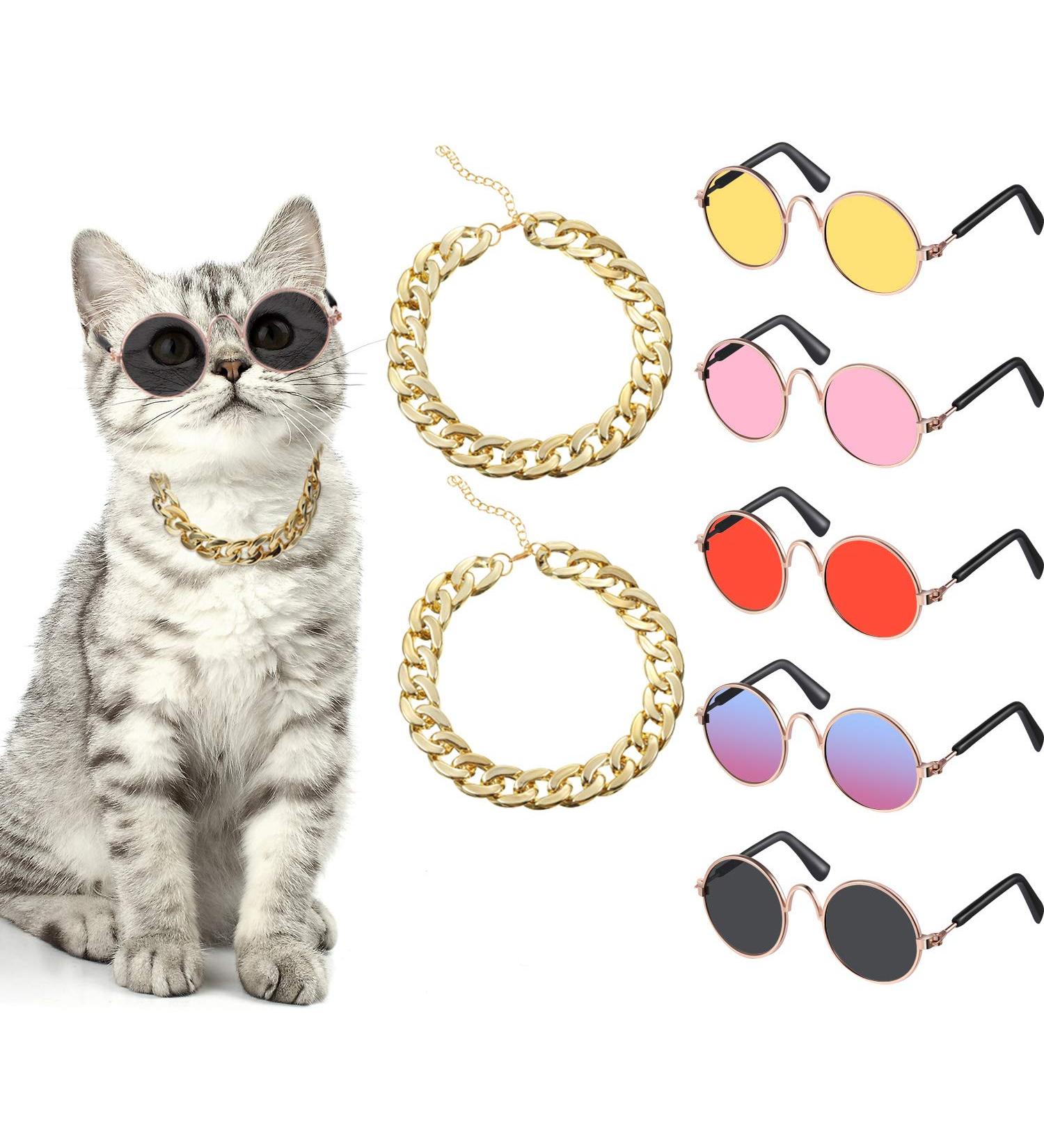 7-Piece Pet Sunglasses Gold Chain Costume Set for Cats and Dogs - Funny Cute Cat Glasses Retro Cosplay - Vivid Colors & Lovely Style - Buy Online on GoSupps.com