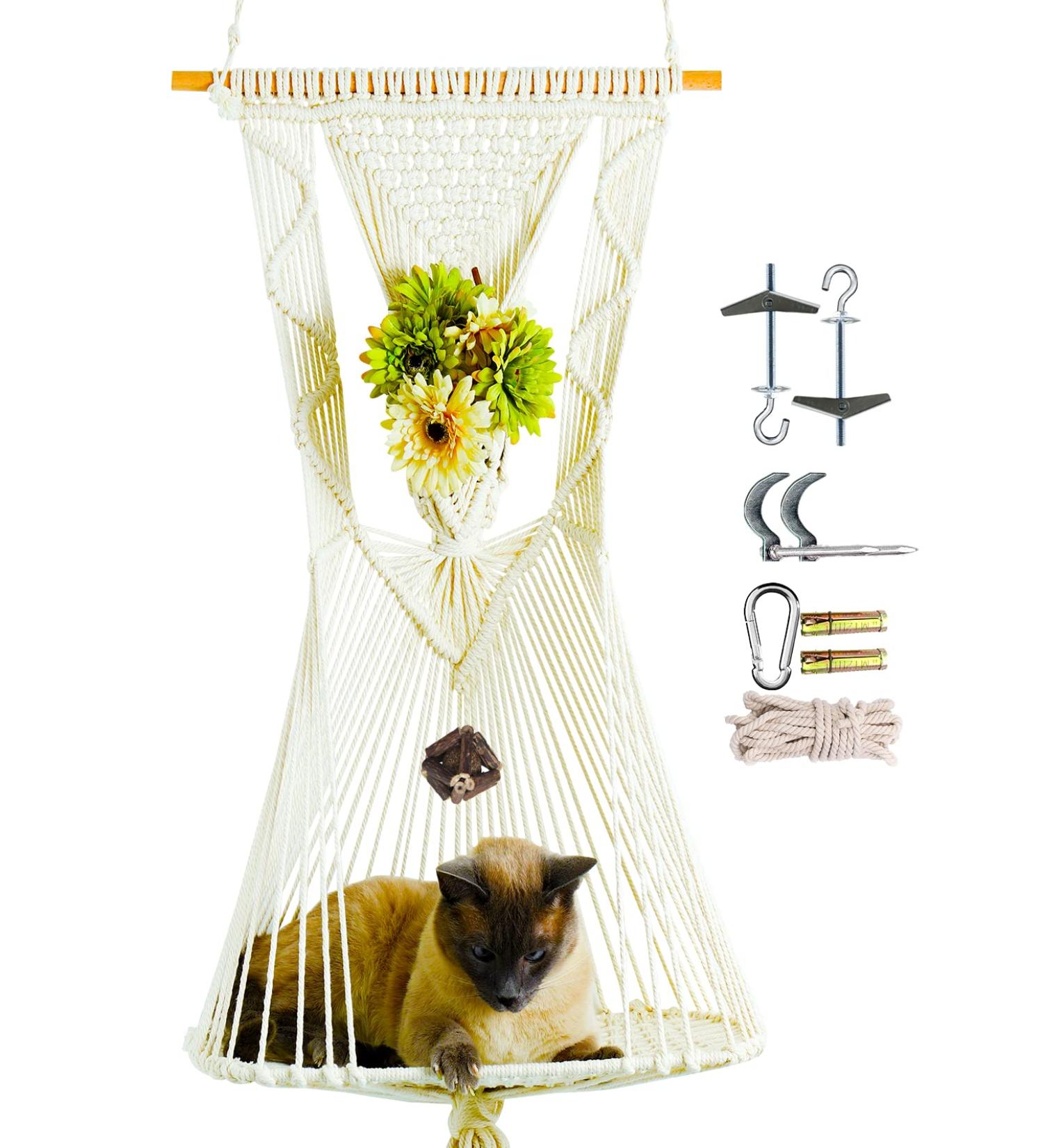 Macrame Cat Hammock with Flower Holder, Cat Bed, Cat Shelf, Catnip Toy - Hanging Kit Included - Buy Online on GoSupps.com