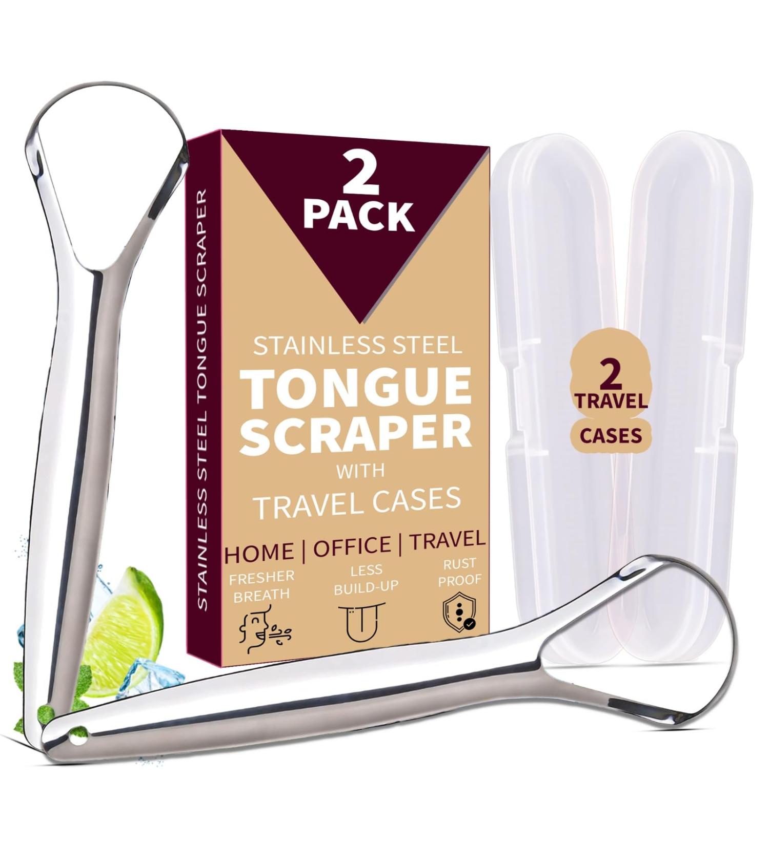 Stainless Steel Tongue Scraper 2-Pack | Travel Cases Included | Fresh Breath & Oral Health for Adults & Kids - Buy Online on GoSupps.com