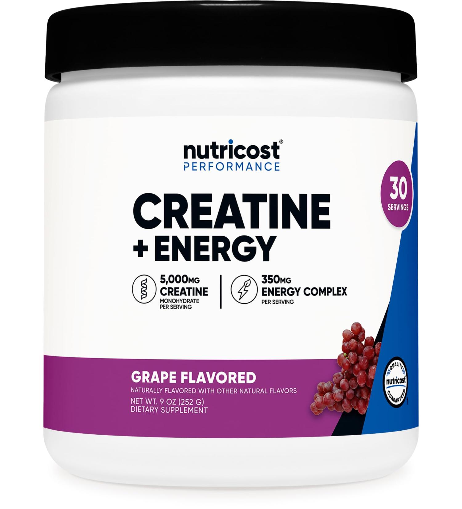 Nutricost Creatine + Energy 30 Servings (Grape Flavored) - 5 000mg Creatine Monohydrate + 350mg Energy Complex Per Serving - Buy Online on GoSupps.com
