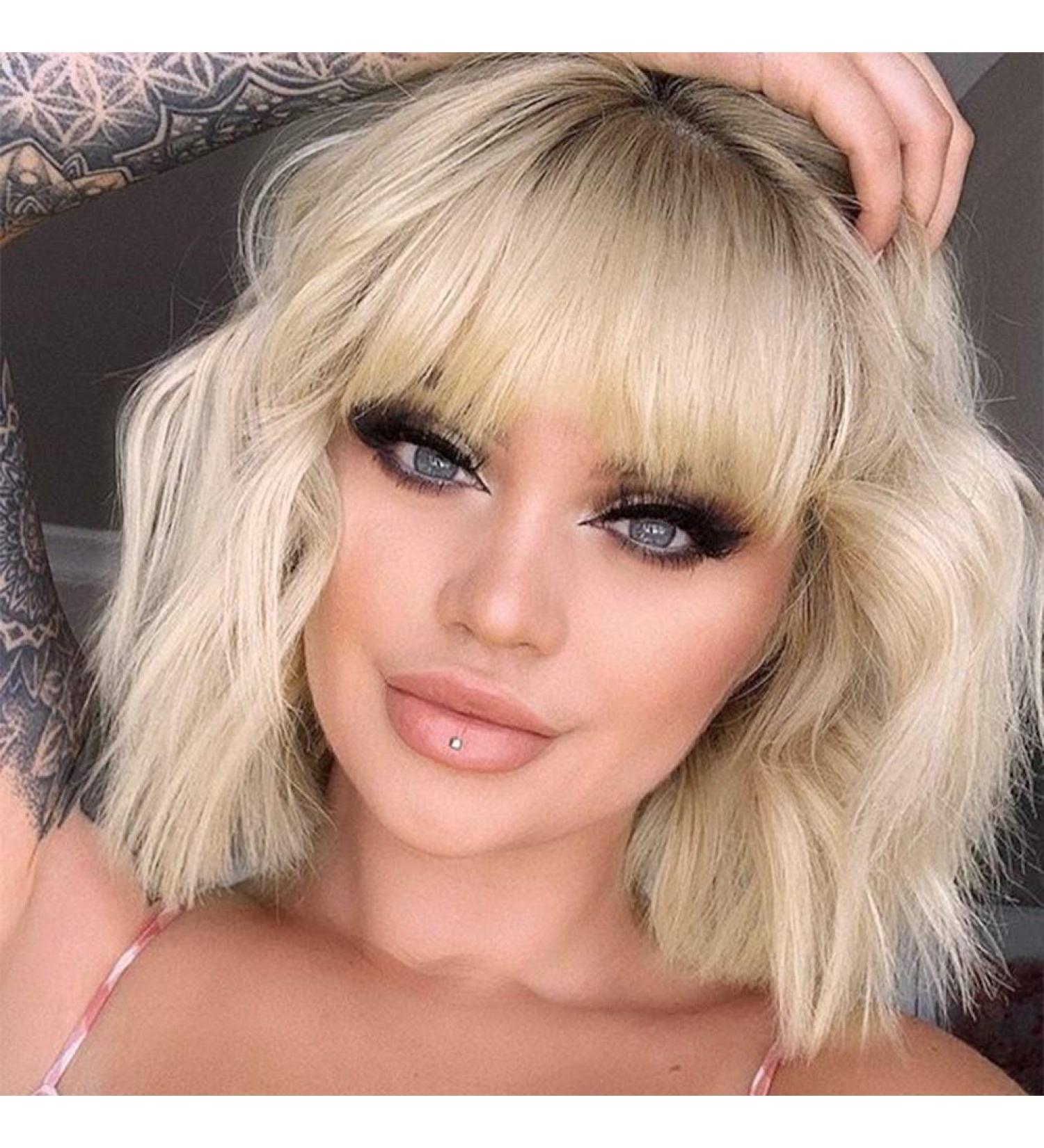 MISSQUEEN Short Ombre Blonde Wavy Bob Wig with Bangs - Synthetic Curly Pastel Bob for Women, Colorful Cosplay Omber Blonde - Buy Online on GoSupps.com