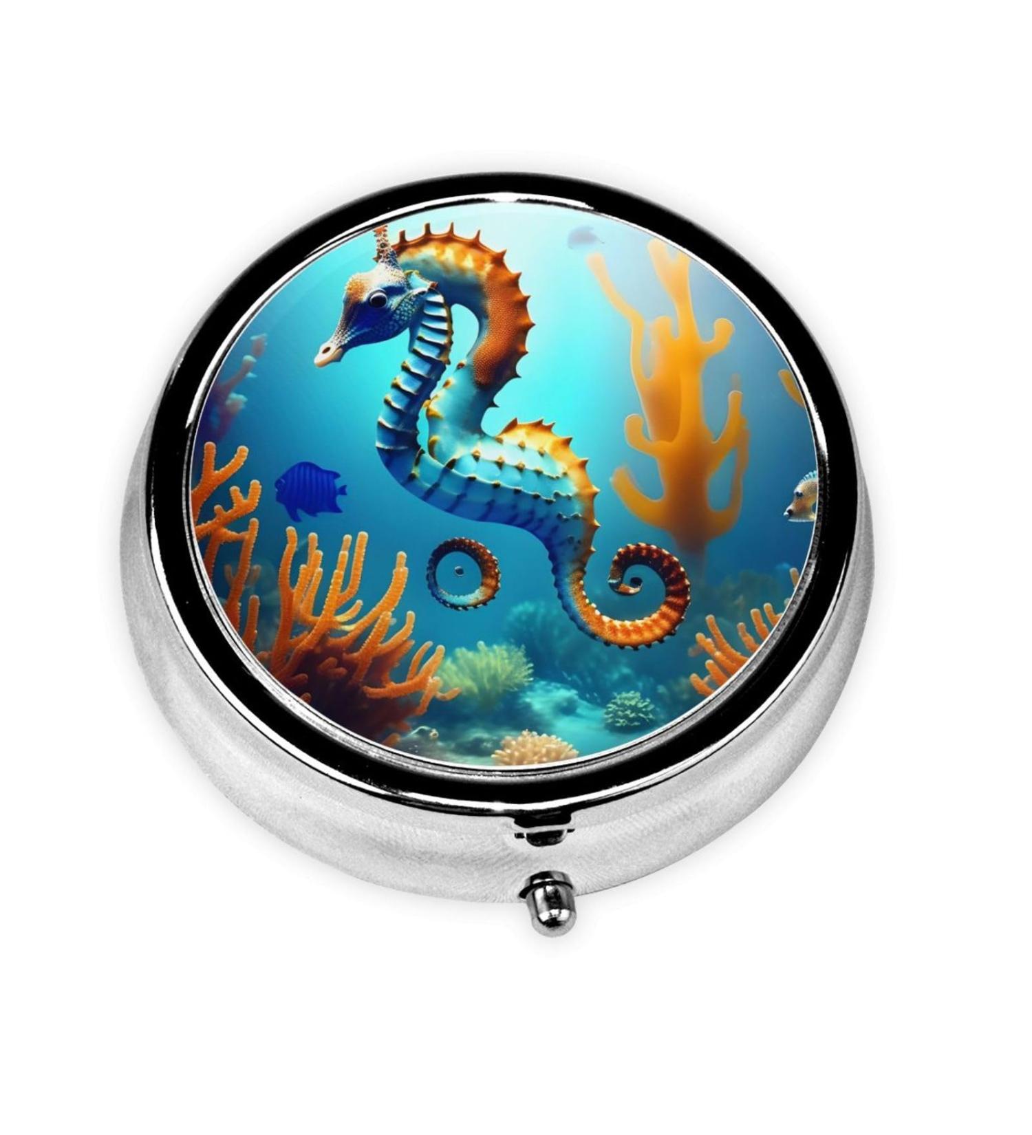 Seabed Coral Seahorse Round Pill Box - 3 Compartment Portable Organizer for Travel & Purse - Buy Online on GoSupps.com