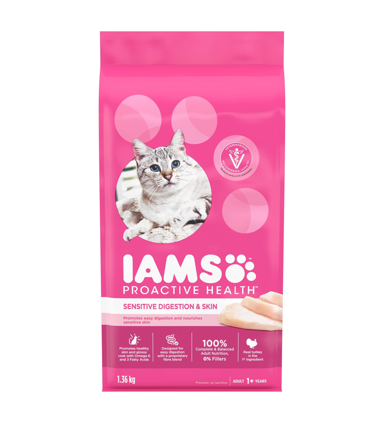 IAMS Proactive Health Dry Cat Food Adult - Sensitive Digestion & Skin with Turkey 1.36kg Bag 1.36 kg (Pack of 1) Cat Food - Buy Online on GoSupps.com