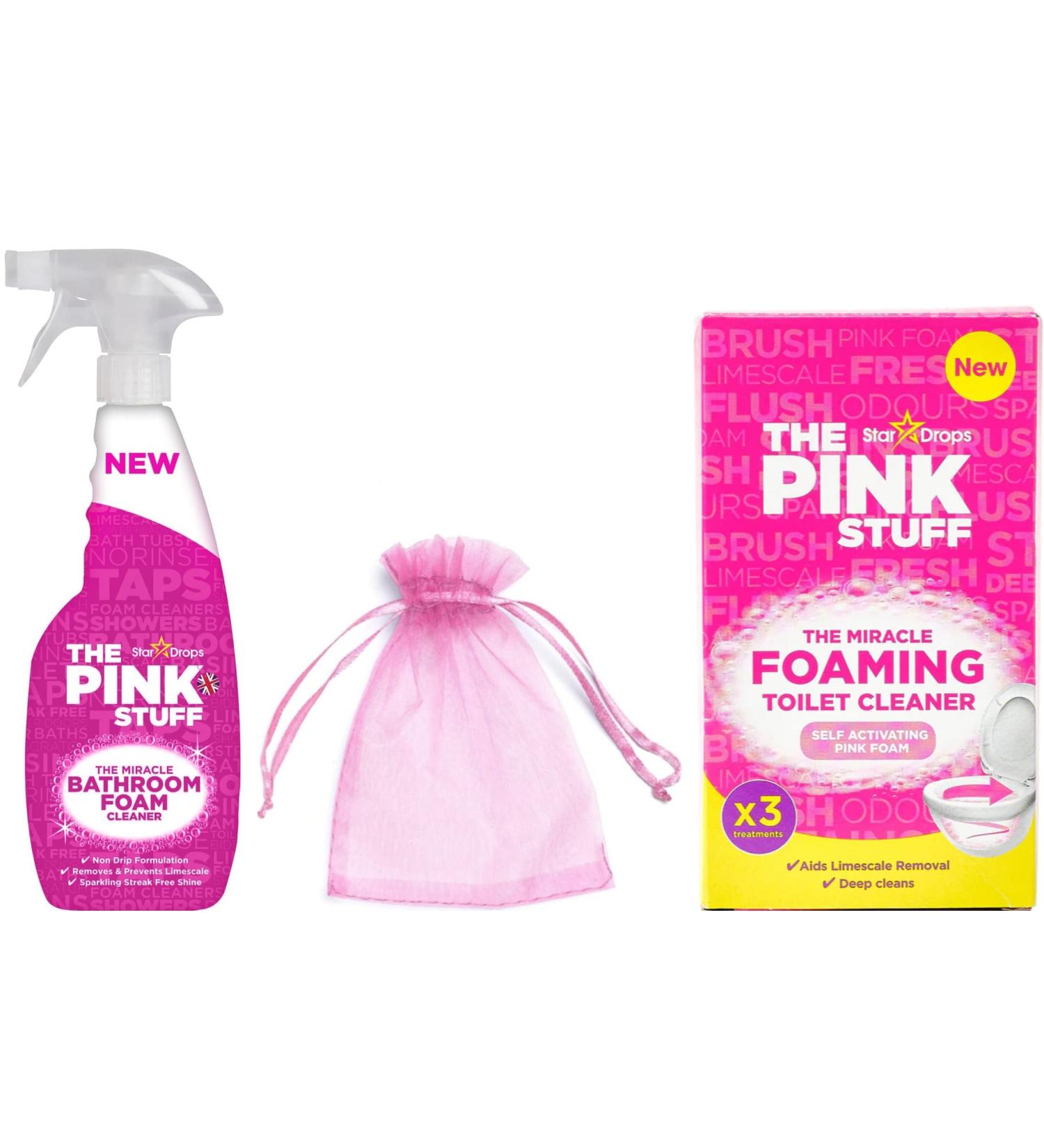 The Pink Stuff Bathroom Foam Cleaner Spray 750ml 1Pk + The Pink Stuff Foaming Toilet Cleaner (1pk contains 3 x 100g sachets) 1Pk + Our Gift for You: Organza Small Bag Size: 9x7x0.1cm - Buy Online on GoSupps.com