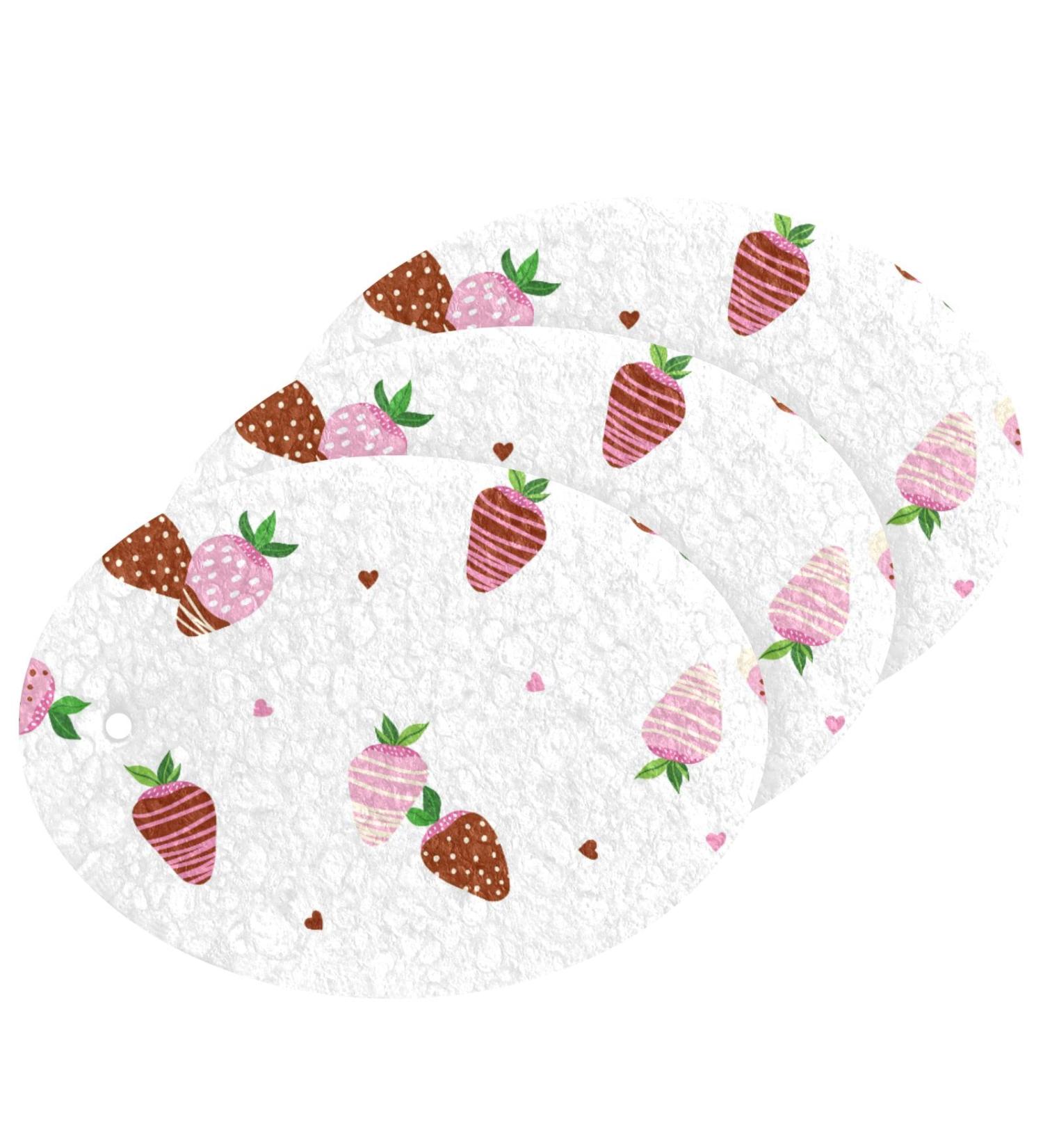 3-Pack Cleaning Kitchen Sponges Oval Cute Strawberry Kitchen Cellulose Dishwashing Wood Pulp Cotton - Buy Online on GoSupps.com