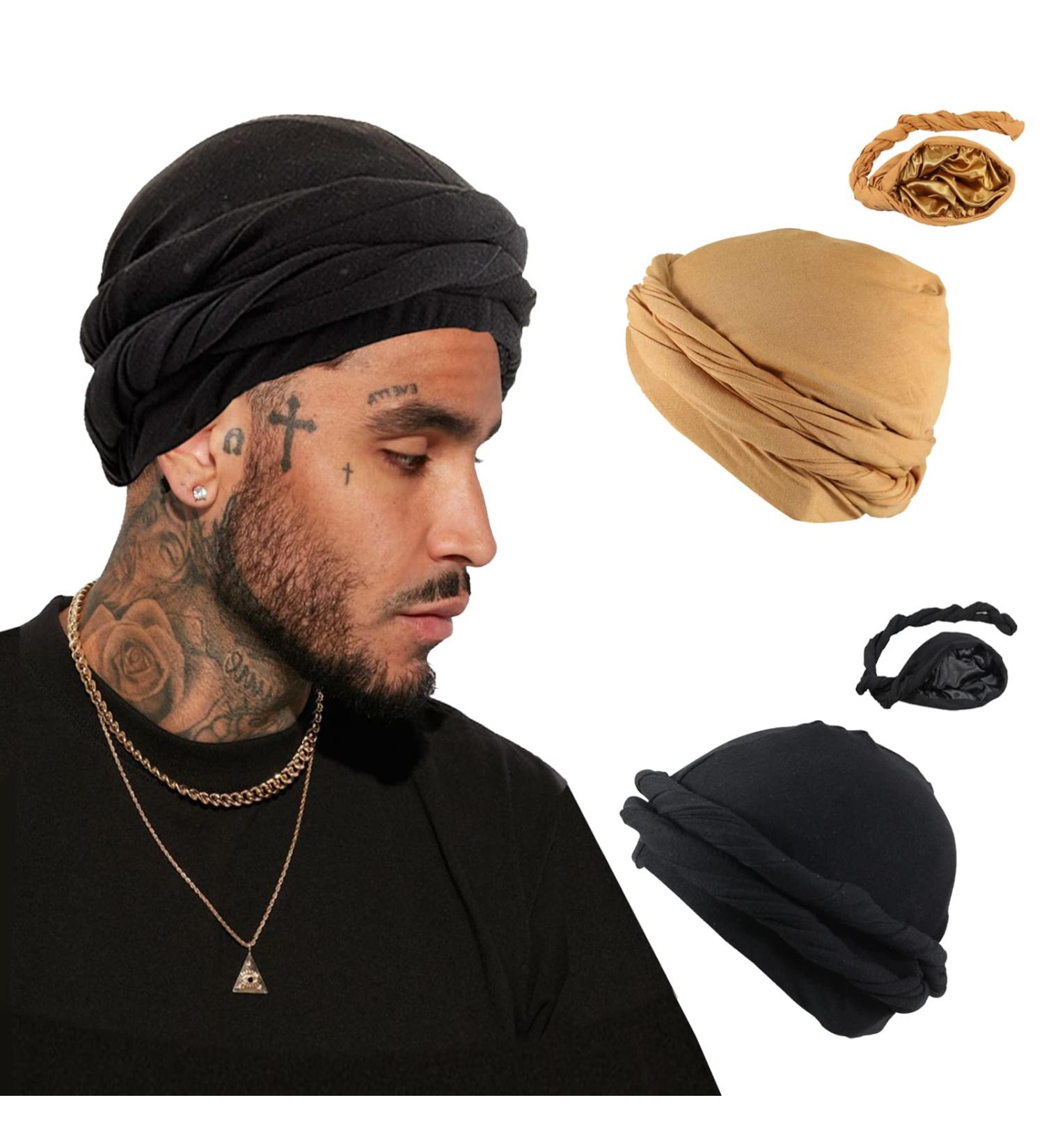 Yohou 2PCS Halo Turban for Men - Satin Lined Durag for Sleeping & Stylish Head Wraps - Black+Yellow - Buy Online on GoSupps.com