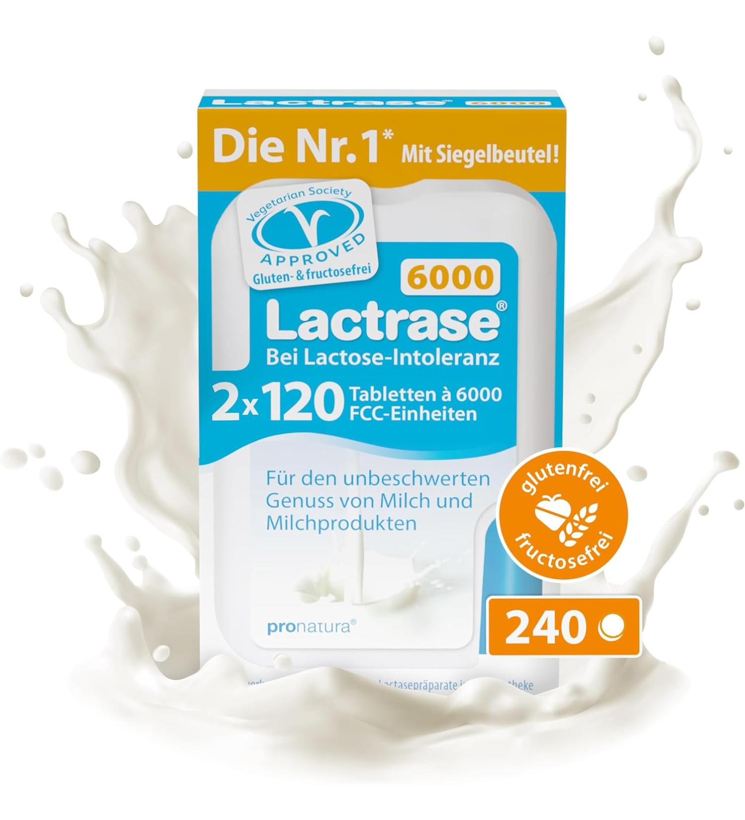 Pro Natura Lactrase 6000 | 2x120 Lactase Tablets for Lactose Intolerance | Enjoy Milk & Dairy Carefree - Buy Online on GoSupps.com