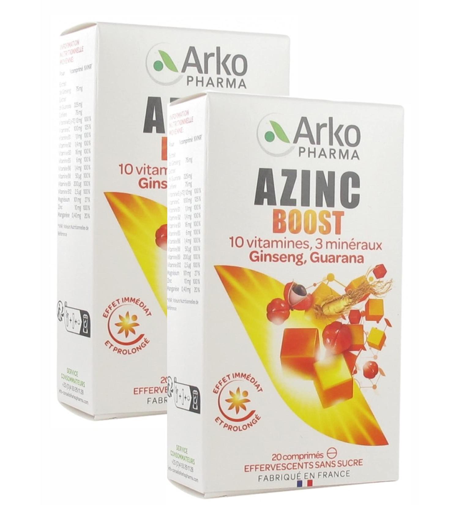 Arkopharma Azinc Boost 10 Vitamins 3 Minerals Ginseng and Guarana - 20 Effervescent Tablets - Pack of 2 Boxes of 20 Tablets
