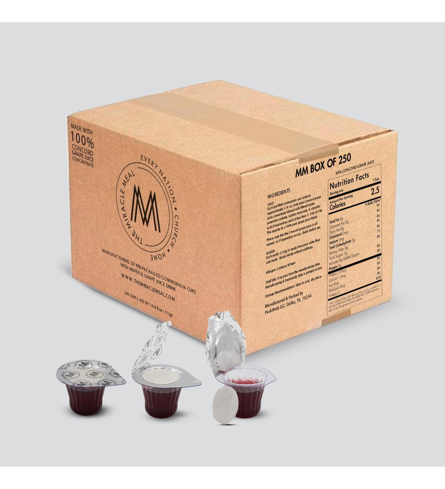 The Miracle Meal Pre-Filled Communion Cups & Wafer - Box of 250 - with 100% Trusted Concord Grape Juice & Wafer - Made in The USA - Premium Quality Guaranteed - Buy Online on GoSupps.com