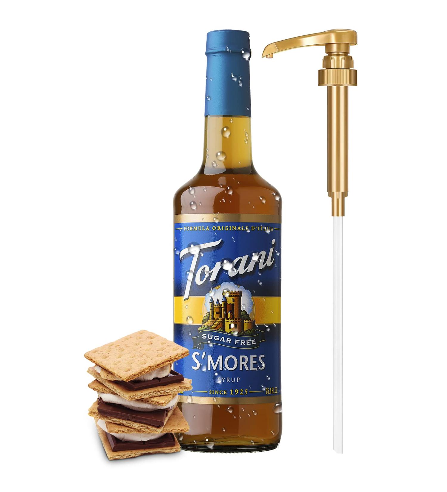 Torani Sugar Free S'mores Syrup 750ml Glass Bottle with Little Squirt Pump - 25.4 oz - Buy Online on GoSupps.com