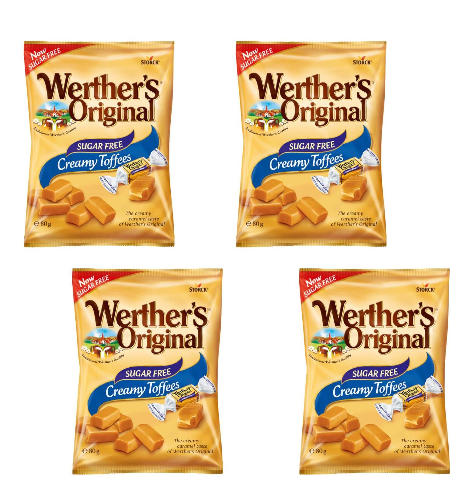 Werther Original Sugar Free Creamy Toffees - The Classic Candy Made With Real Butter and Fresh Cream - Pack of 4 x 80g