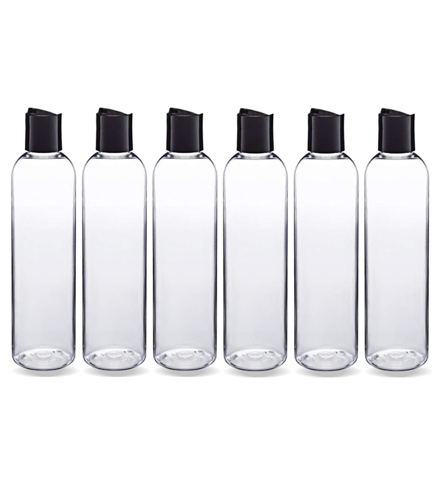 8oz Clear Plastic Bottles with Black Disc Top Caps - Pack of 6 | BPA Free, Refillable Containers for Shampoo, Lotions, & Cream - Made in USA - Buy Online on GoSupps.com