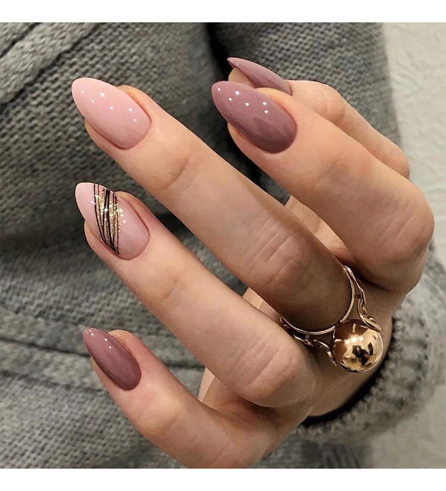 24pcs Short Almond Pink Glitter Gold Stick-on False Nails | Removable Press-on Fake Nails for Women & Girls | Acrylic Full Cover Nail Art Set - Buy Online on GoSupps.com